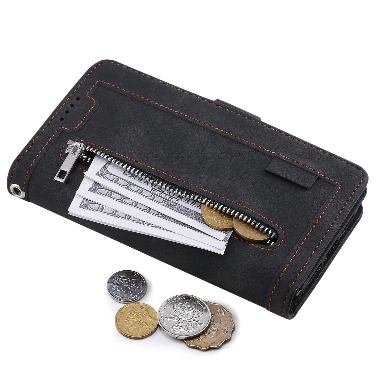 Compatible avec iPhone 8 Plus/7 Plus (couleur : noir) étui portefeuille en cuir à fermeture éclair