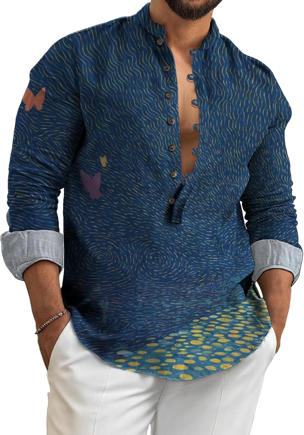 Men Button-Down Shirt Oversized Long Sleeve Pullover Tops V Neck Tee Shirts Retro G...