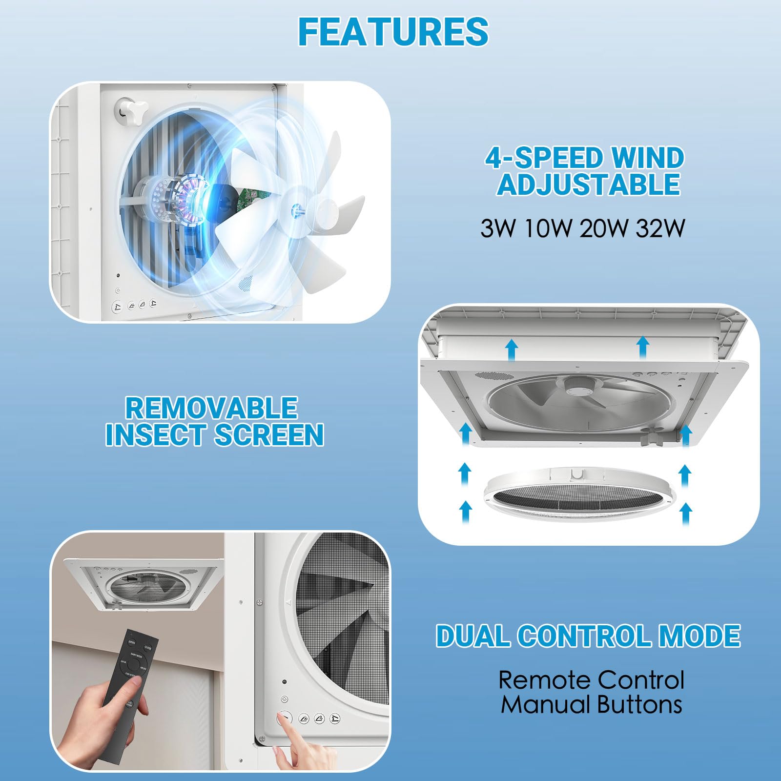 Ventilador de techo para caravanas 40cm*40cm, Claraboya, Nivel de ruido ultra bajo de escape reversible con sensor de lluvia, ventilador permanente de nivel automático (Blanco Negro)