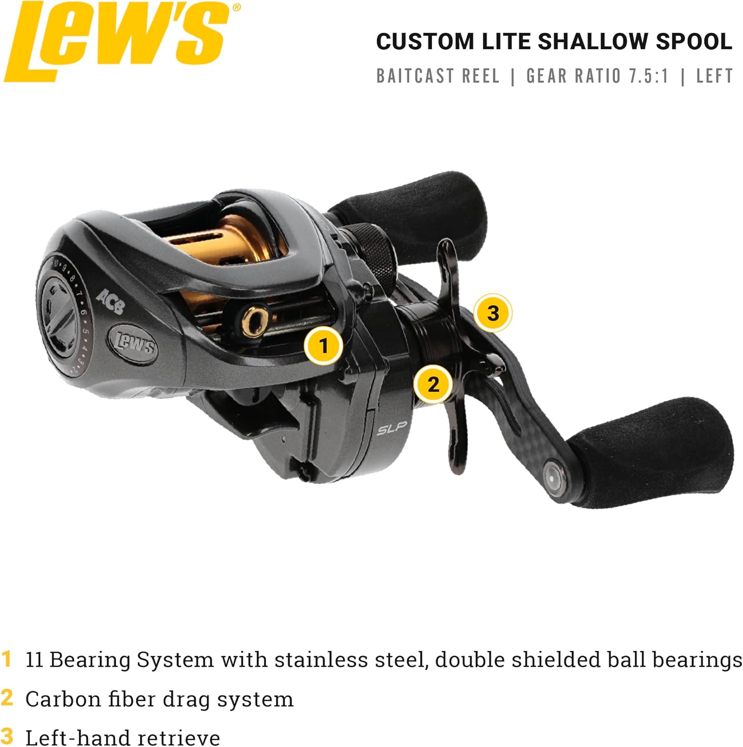 Lew’s Custom Lite SS Baitcast Fishing Reel, 10+1 Double Shielded Bearings, 7.5:1 Gear Ratio, Super Shallow 30 mm Spool, Tanso Tech Frame, Carbon Fiber Drag, Carbon Gray