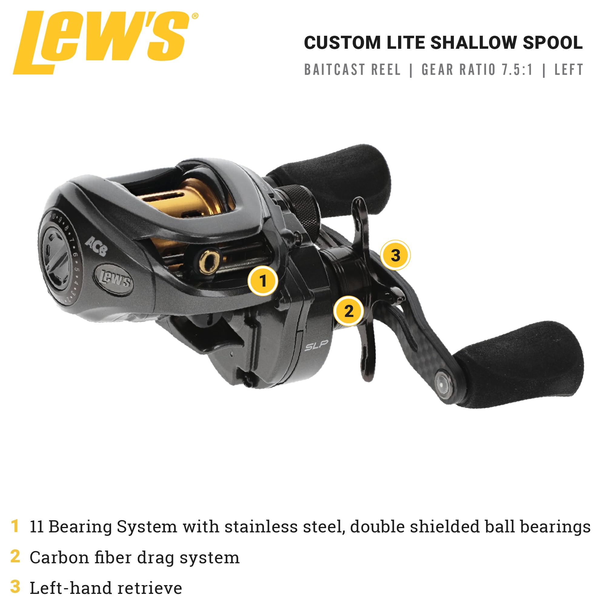 Lew's Custom Lite SS Baitcast Fishing Reel, 10+1 Double Shielded Bearings, 7.5:1 Gear Ratio, Super Shallow 30 mm Spool, Tanso Tech Frame, Carbon Fiber Drag, Carbon Gray