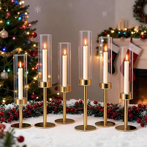 Juego de 6 portavelas dorados, decoración de candelabros altos, decoración de mesa de centro de mesa vintage, decoración de portavelas de comedor,