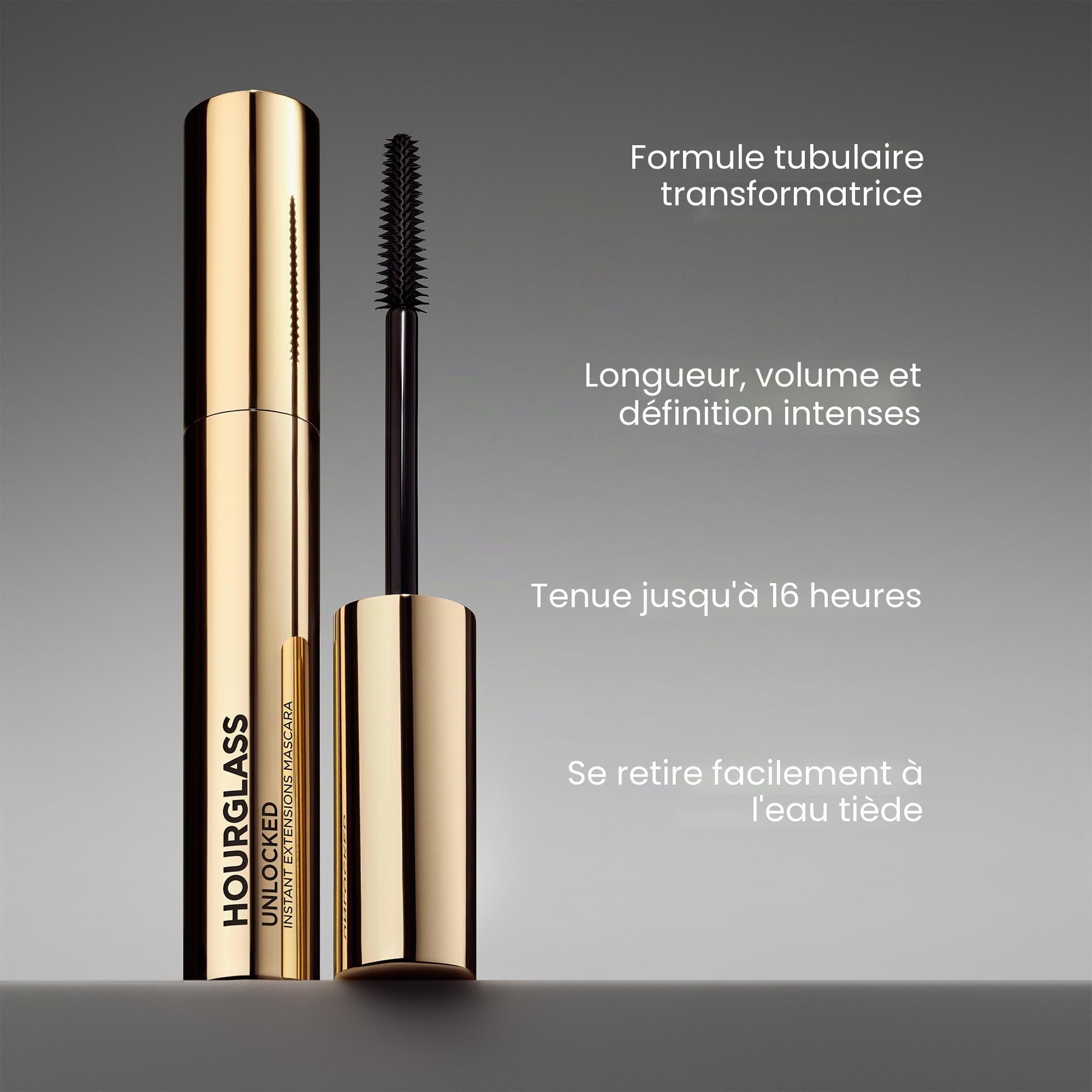 Hourglass Mascara à extensions instantanées débloquées en mousse autobronzante. Mascara définissant et allongeant pour des cils spectaculaires. Sans cruauté et végétalien