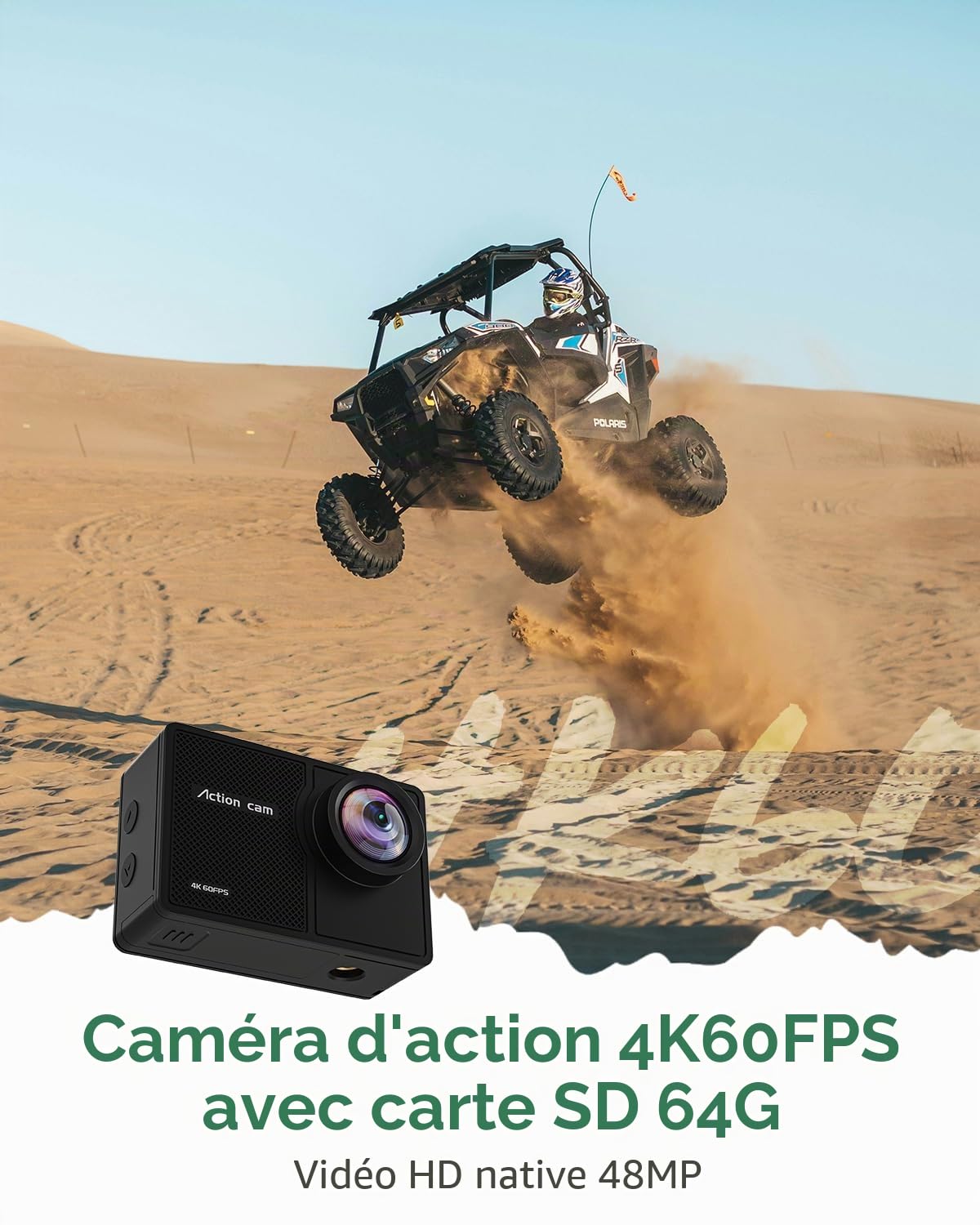 Caméra Sport 4K 60 FPS avec MicroSD 64 GB, 48MP WiFi Action Caméra 170 ° Sportive Caméra sous-Marine 40M avec Télécommande, Microphone Externe, 2 X1350mAh Batteries et Chargeur