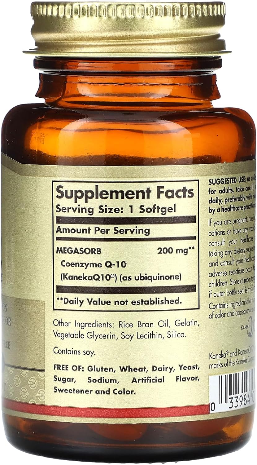 Solgar Megasorb CoQ-10 200 mg, 60 Softgels - Supports Heart & Brain Function - Coenzyme Q10 Supplement - Enhanced Absorption - Gluten Free, Dairy Free - 60 Servings