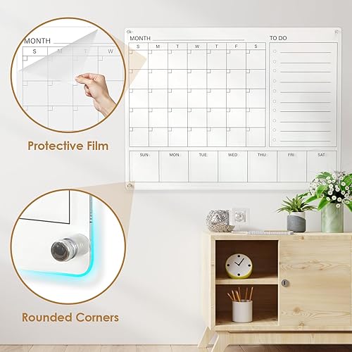 Miniatura 3 de MAKELLO Calendario acrílico para pared, calendario de pizarra blanca transparente para oficina, escuela, hogar, calendario mensual pizarra blanca