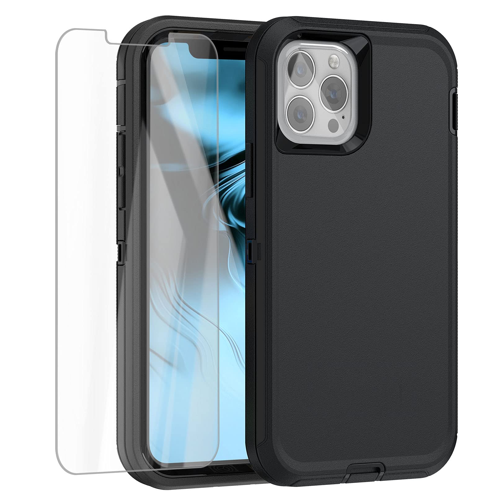 AICase for iPhone 13 Pro Case with Glass Screen Protector, Heavy Duty Protective Phone Case, Military Grade Full Body Protection Shockproof/Dustproof/Drop Proof Rugged Tough Durable Cover (Black)