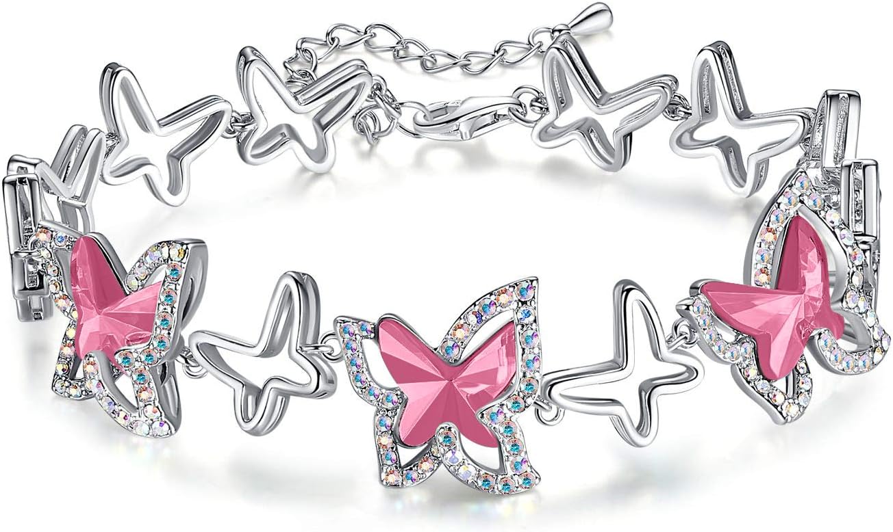 Valentine’s Day Gift For Women Butterfly Link Charm Bracelet with Premium Birthstone Crystal, Silver-Tone, 7”+2” Chain