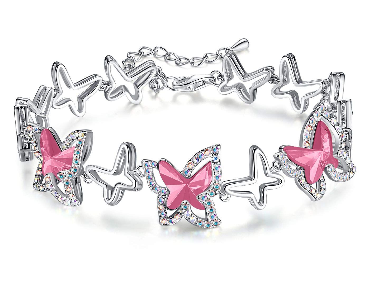 Butterfly Link Charm Bracelet, Birthstone Crystal, for Women, Silver Tone Jewelry, Anniversary Birthday Gift for Her, Wife &amp; Mom, 7"+2" Chain