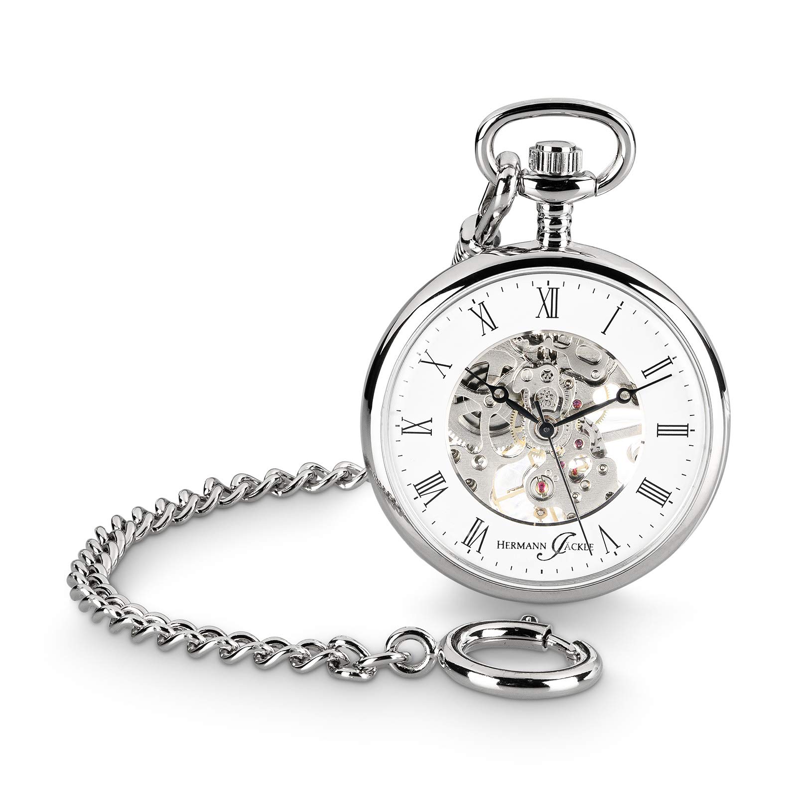 Hermann Jäckle Limburg Skelett Taschenuhr Mineralglas Handaufzug Kette & Reiseetui 41 mm