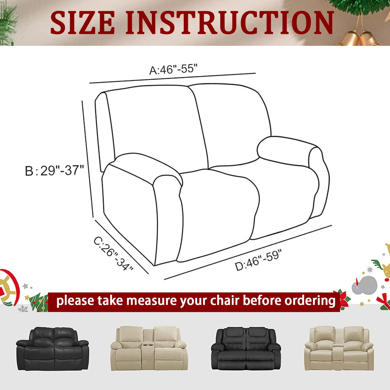 Jaotto Copridivano Natalizio Relax 2 Posti Reclinabile Copripoltrona Relax Reclinabile con Tasche 8-Pezzi Copridivano Fantasia Lavabile Xmas Coperture per Divano da Massaggio,Ladro