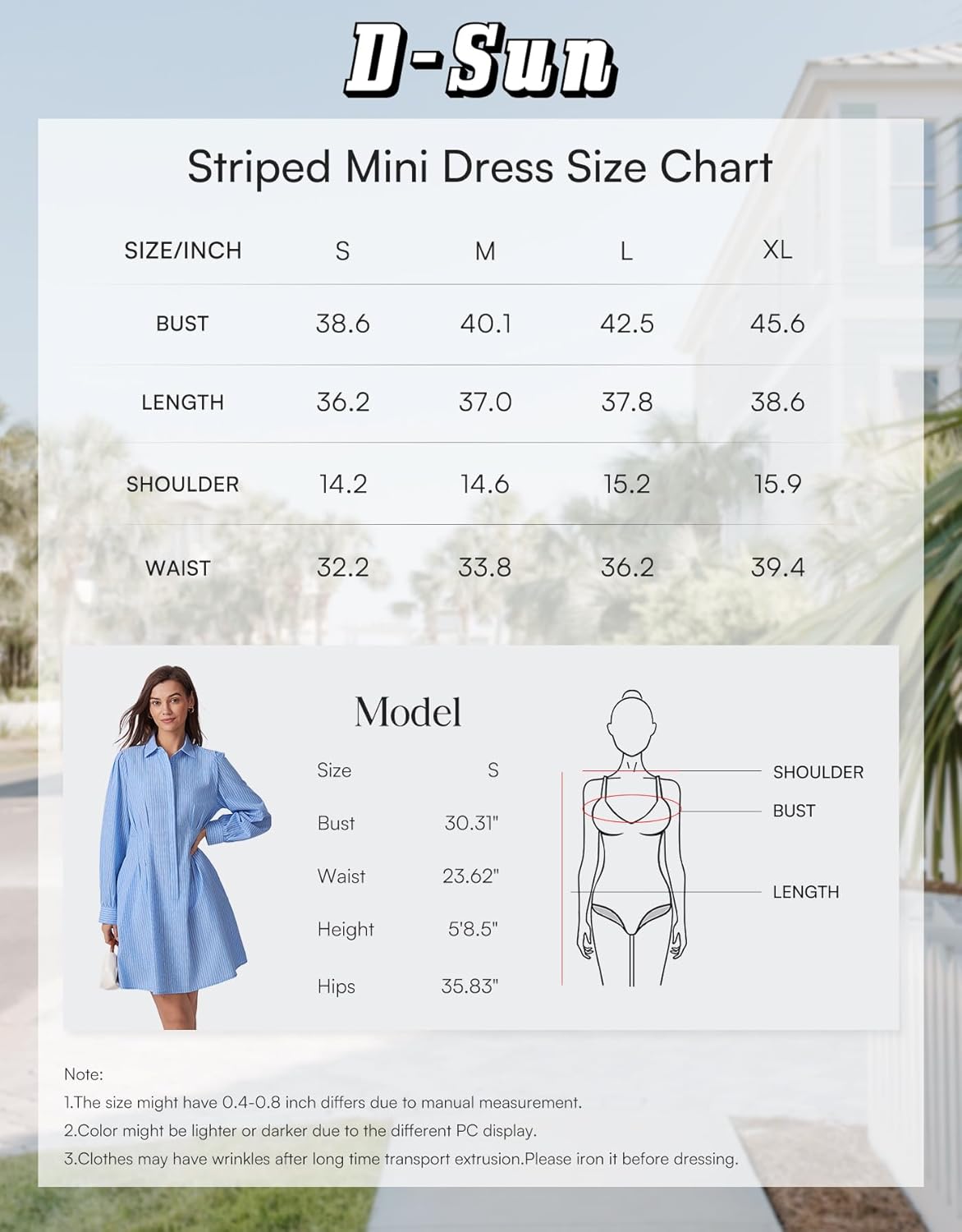 D-Sun Women Pleated Shirt Dress Casual Button Down Long Sleeve Striped V Neck Collared Mini Dress with Pockets - Image 7