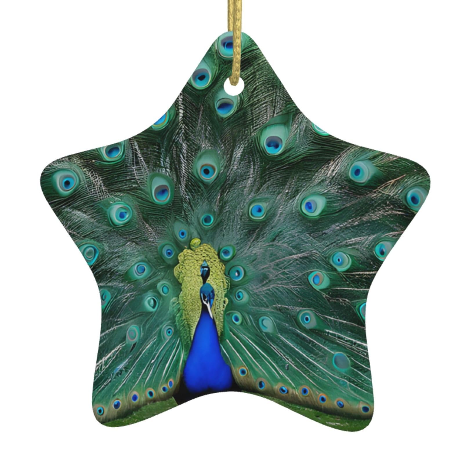 Star Ceramic Christmas Tree Pendants, Personalized Christmas Ornaments, Green Peacock Feather Prints, Family Christmas Ornaments