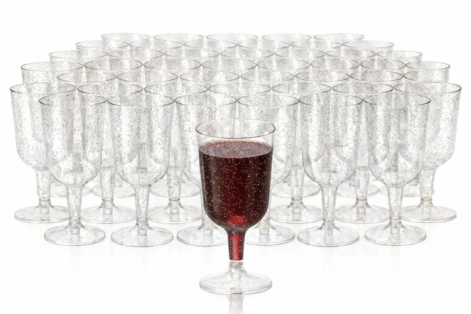 MATANA 50 eleganckich, przezroczystych kieliszków do wina z twardego plastiku ze srebrnym brokatem (180 ml) – solidne i wielokrotnego użytku kieliszki na koktajle, deser, urodziny, wesela, Boże