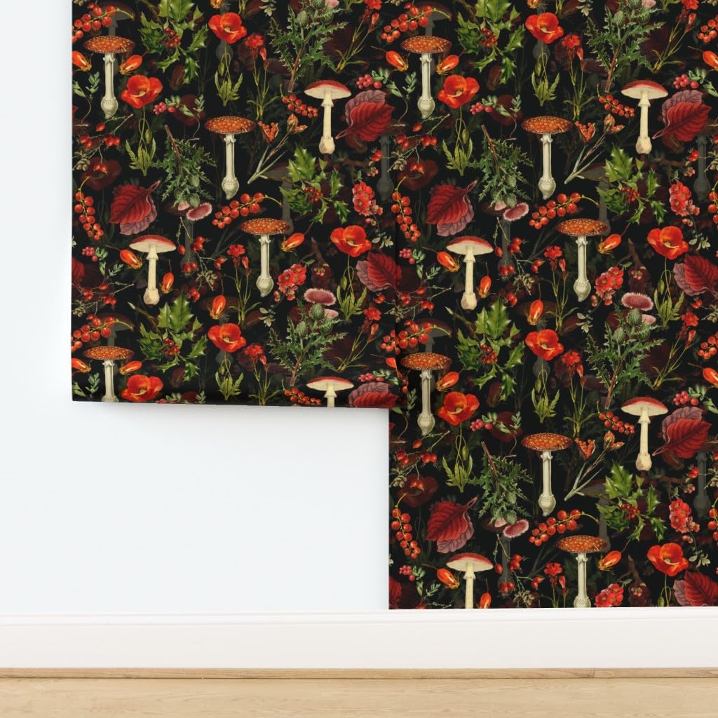 Removable Wallpaper 3ft x 2ft - Vintage Style Botanical Mushrooms Woodland Wildflowers Antique Style Custom Pre-Pasted Wallpaper by Spoonflower