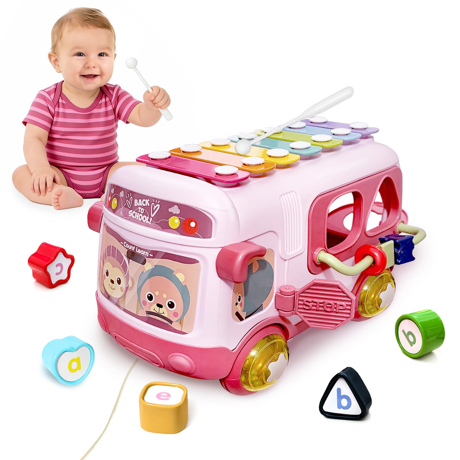 Montessori Toys for 1 Years Old Girls, Toys for 1 Year Old Boys Gifts, Musical Sensory Toys with Xylophone Shape Blocks, Pull Toy for Baby Toys Development, Sensory Toy Gift for Toddlers (6+ Months)