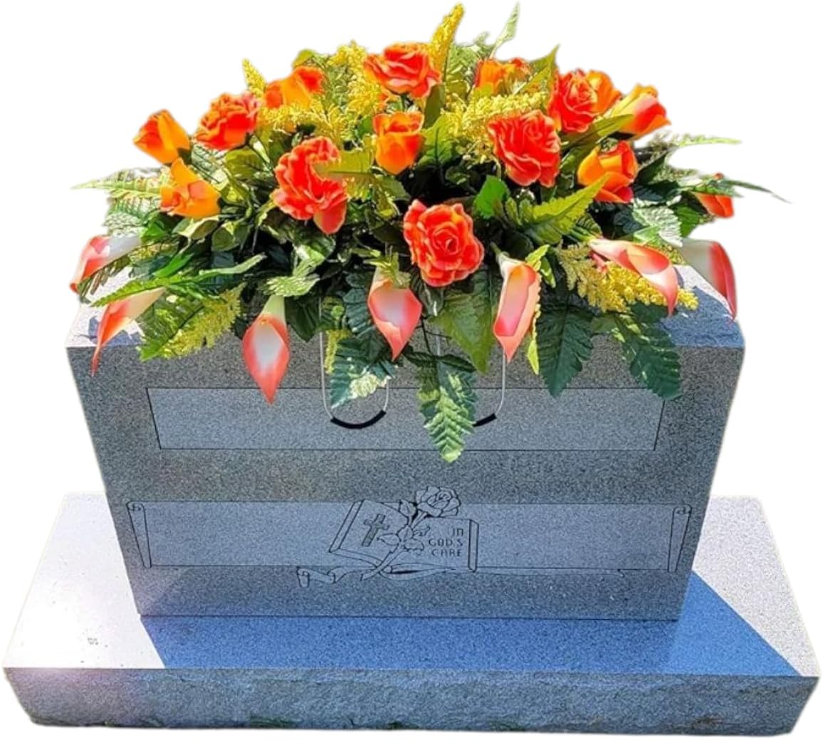 Cemetery Saddle Memorial Decoration - Realistic Silk Faux Floral Artificial Grave Flowers - Orange Roses and Calla Lilies for Headstone Decorating