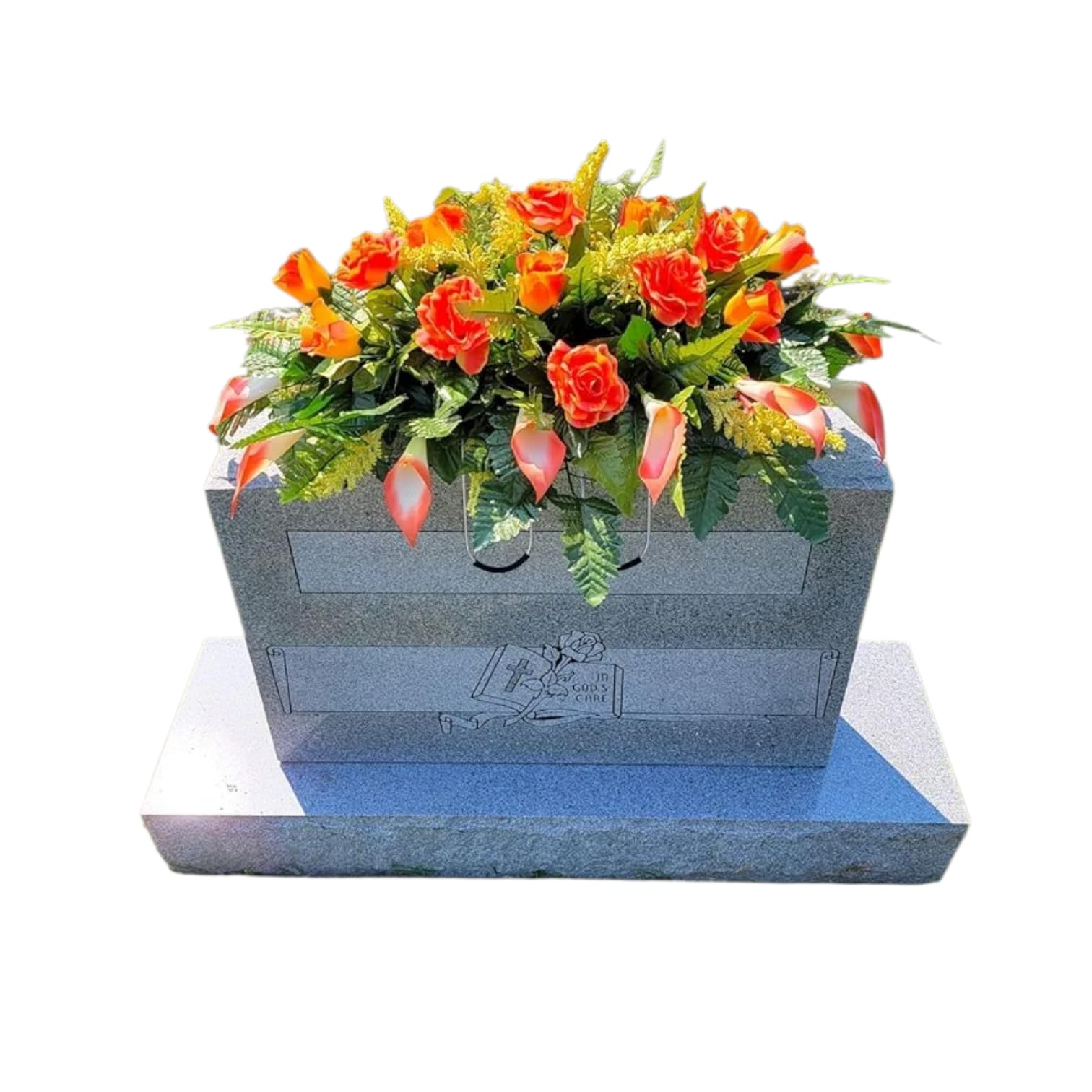 Cemetery Saddle Memorial Decoration - Realistic Silk Faux Floral Artificial Grave Flowers - Orange Roses and Calla Lilies for Headstone Decorating