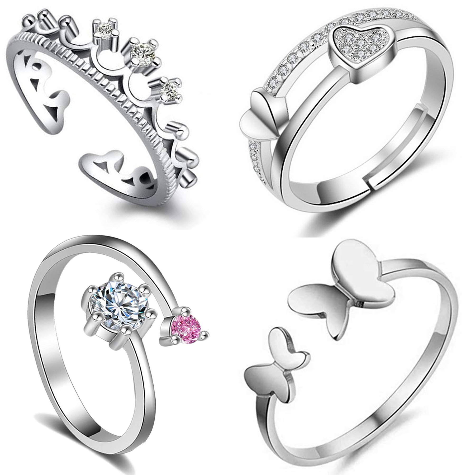 Om JewellsPink Brass Combo of 4 Adjustable Finger Ring For Women(Pink), Brass, Cubic Zirconia