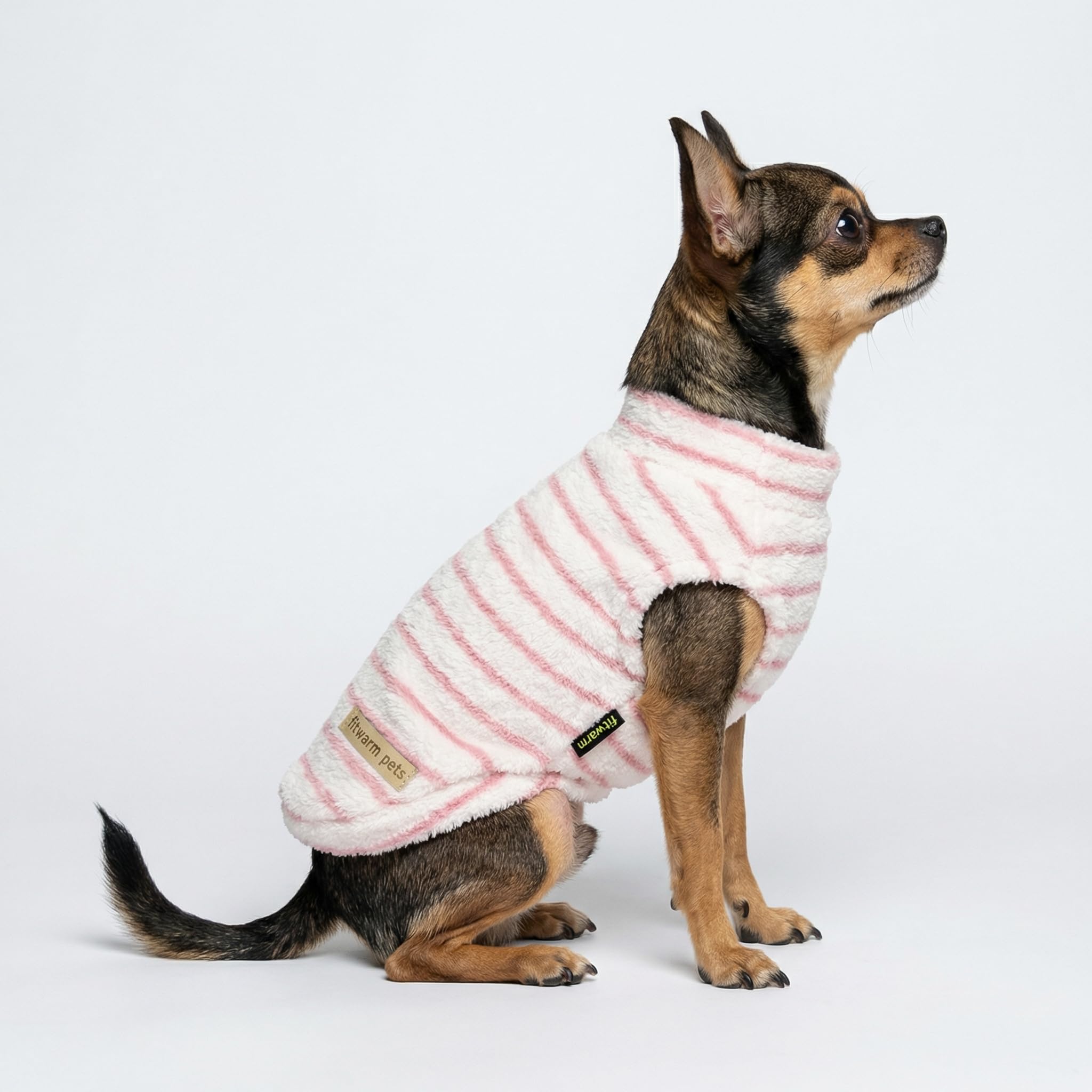 Fitwarm Lot de 2 pulls en polaire rayé pour chien, vêtements d'hiver chauds pour chien de petite taille et fille, tenue à col roulé pelucheux pour animal domestique, pull pour chien, rose, blanc, rose