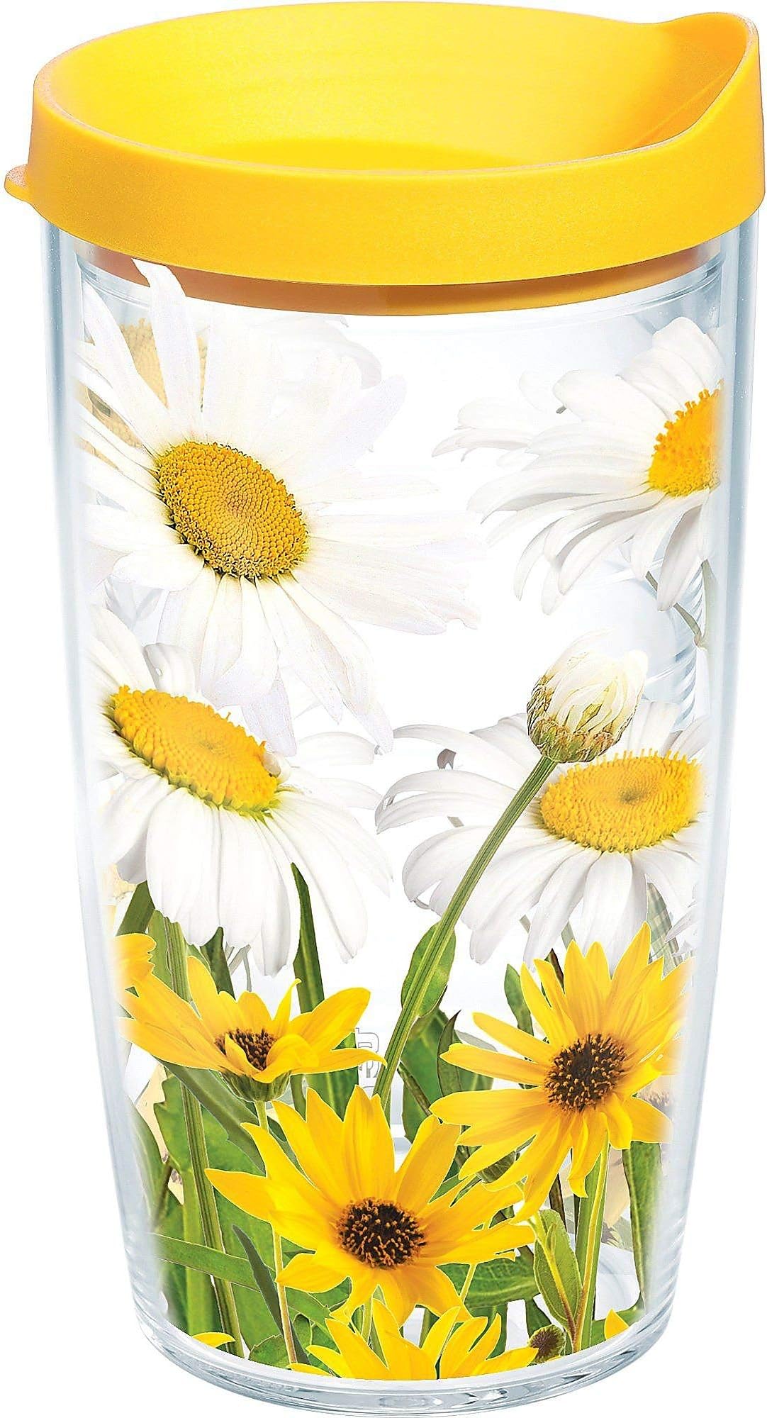Tervis White Daisies Tumbler with Wrap and Yellow Lid 16oz, Clear