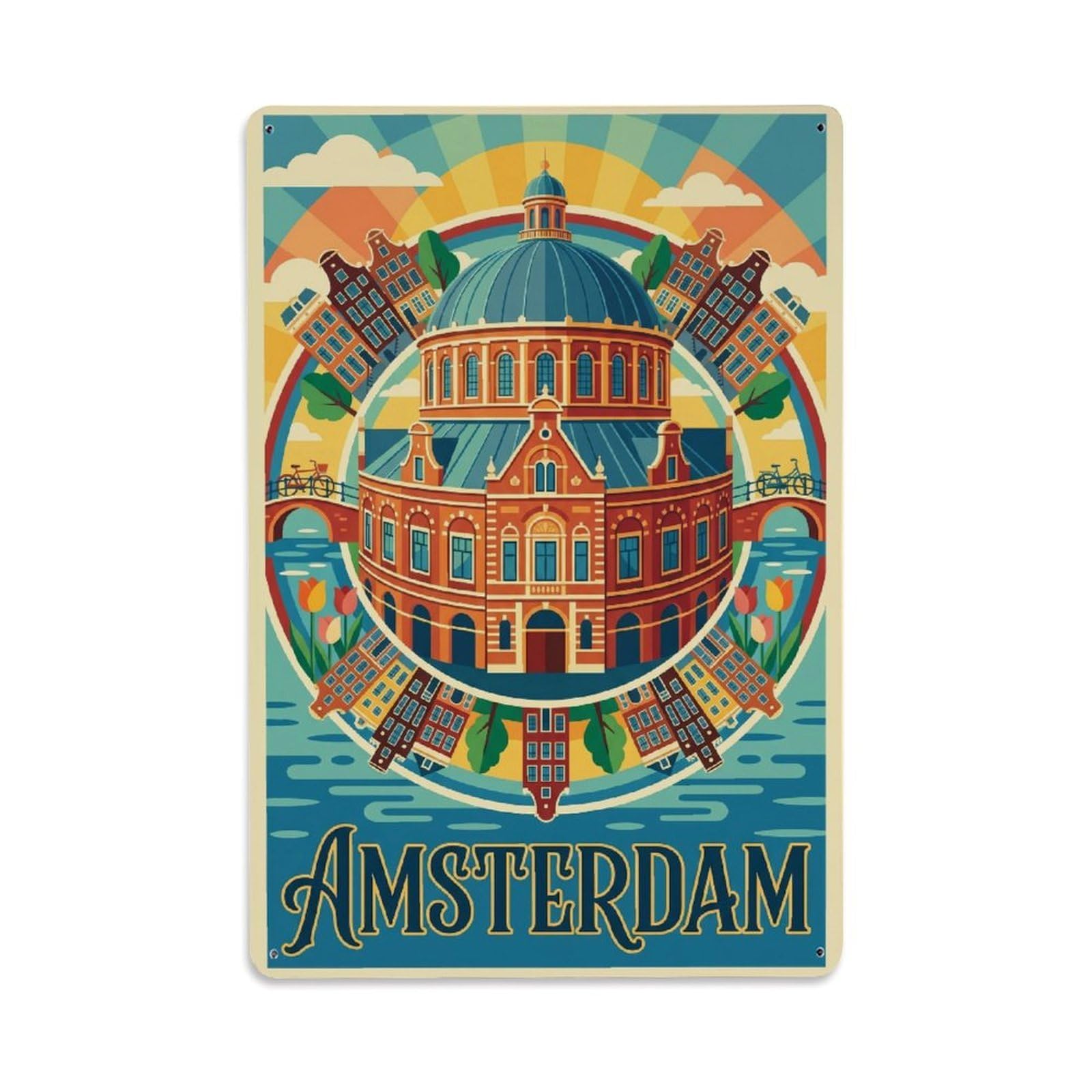 Okngb Style Rotunda Landmark Classic Architecture Amsterdam Travel Metal Tin Sign Plaque Wall Decor For Cafe, Man Cave, Club Bar, Office, Home Garden Round Metal Poster 8X12inch