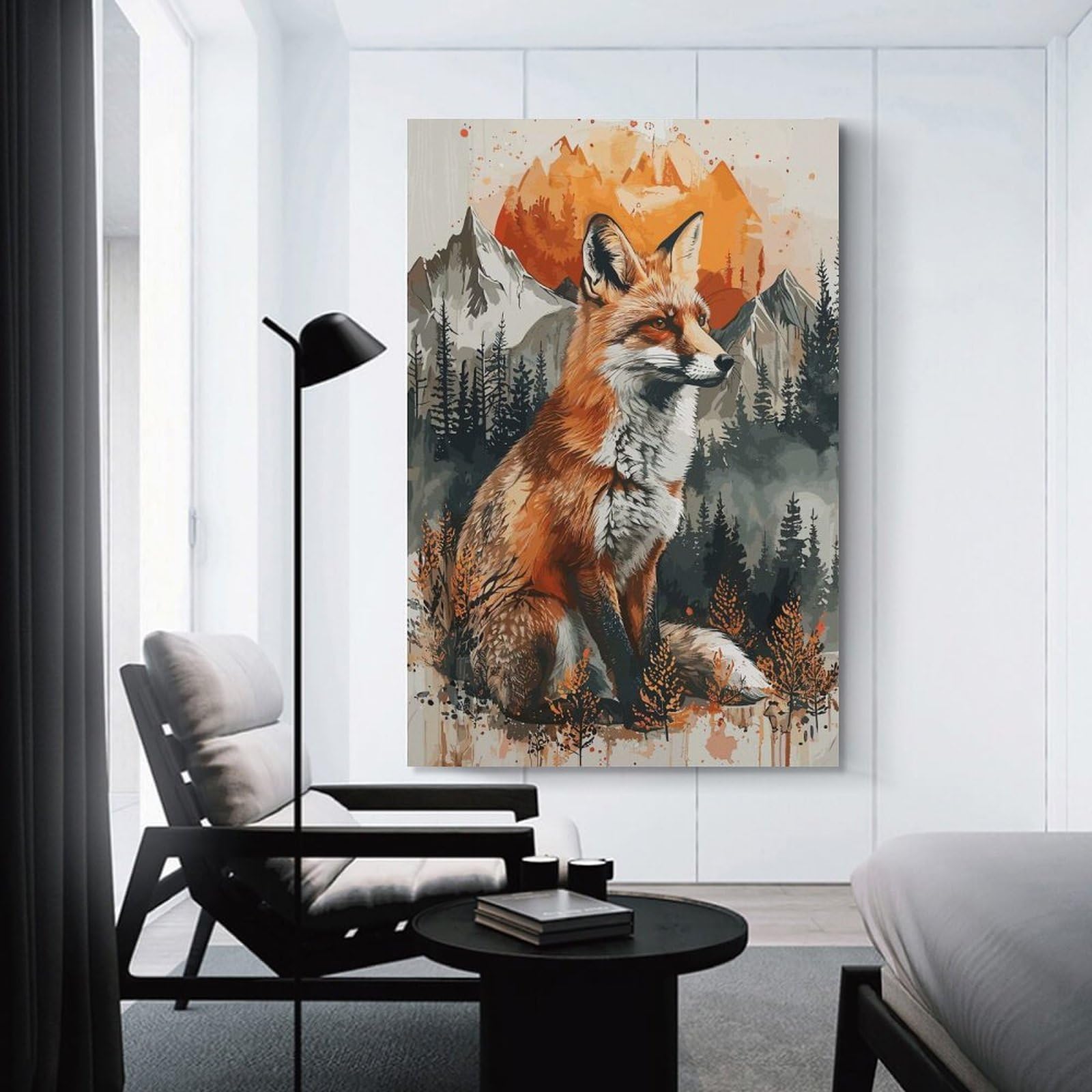 Junmoney Unframe-Style-1 Fox Sunset Watercolor Canvas Wall Picture 12X18inch(30X45cm), For Study, Office Or Focused Interiors, Home Office Artwork With Decorative Appeal