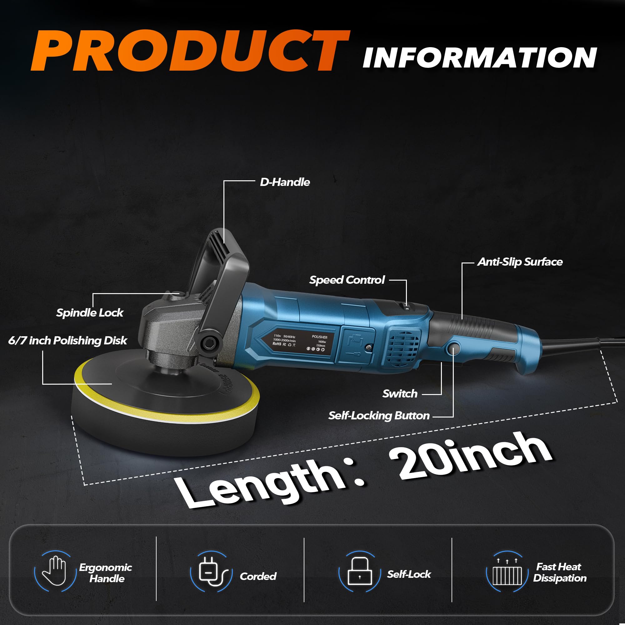 Pulidor de pulidor, 1600 W, rotativo, 7 velocidades, 1000-3500 RPM, mango desmontable para encerar, pulir y eliminar arañazos