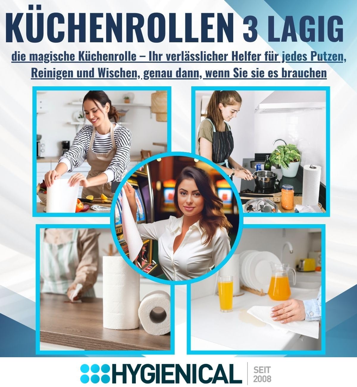 Küchenrollen 3-lagig, Küchenpapier hochweiß, Handtuchrolle aus 100% Zellstoff, Haushaltspapier, Küchenkrepp, 3-lagig, Menge:32 Rollen