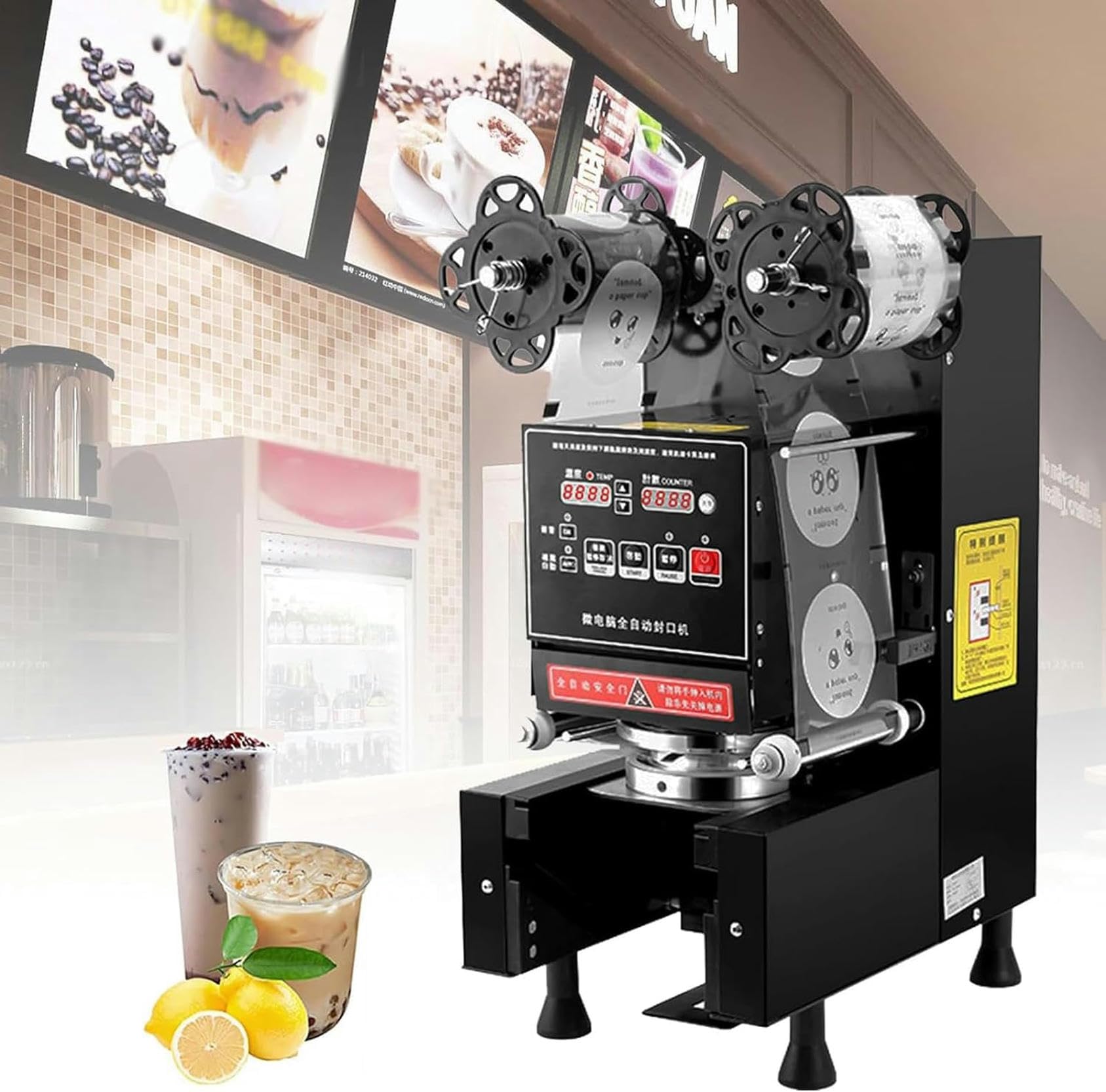 FHRKA 90/95mm Fully Automatic Cup Sealing Machine - Paper/Plastic, Commercial Electric Cup Sealer - Efficient Sealing 500-700 Cups/H (Black)