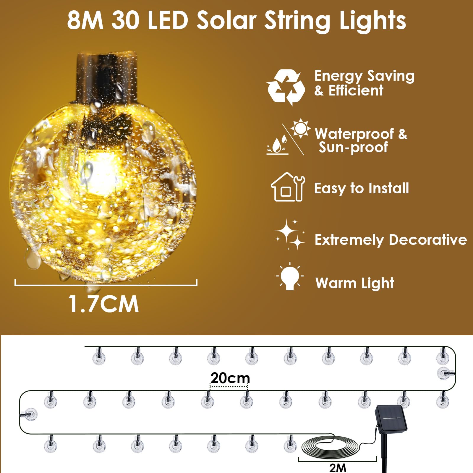 Solar Garden Lights Outdoor,30 LED 8M/26Ft Solar String Lights Outside Waterproof - Image 3