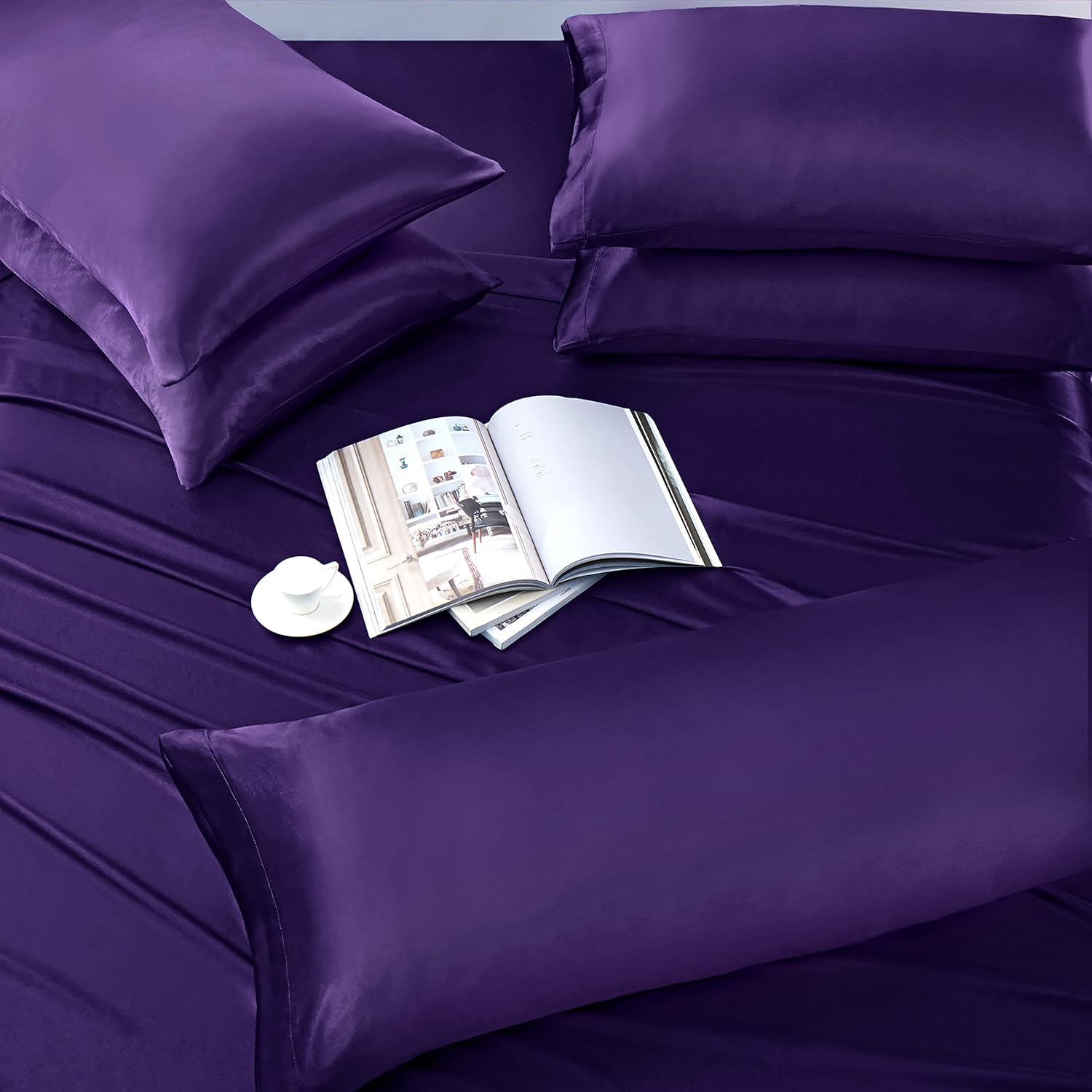 Manyshofu 7Pcs Dark Purple Satin Sheets King Size - Luxurious & Soft Satin Bedding Set - 1 Fitted Sheet, 1 Flat Sheet, 4 Pillowcases + 1 Body Pillowcase