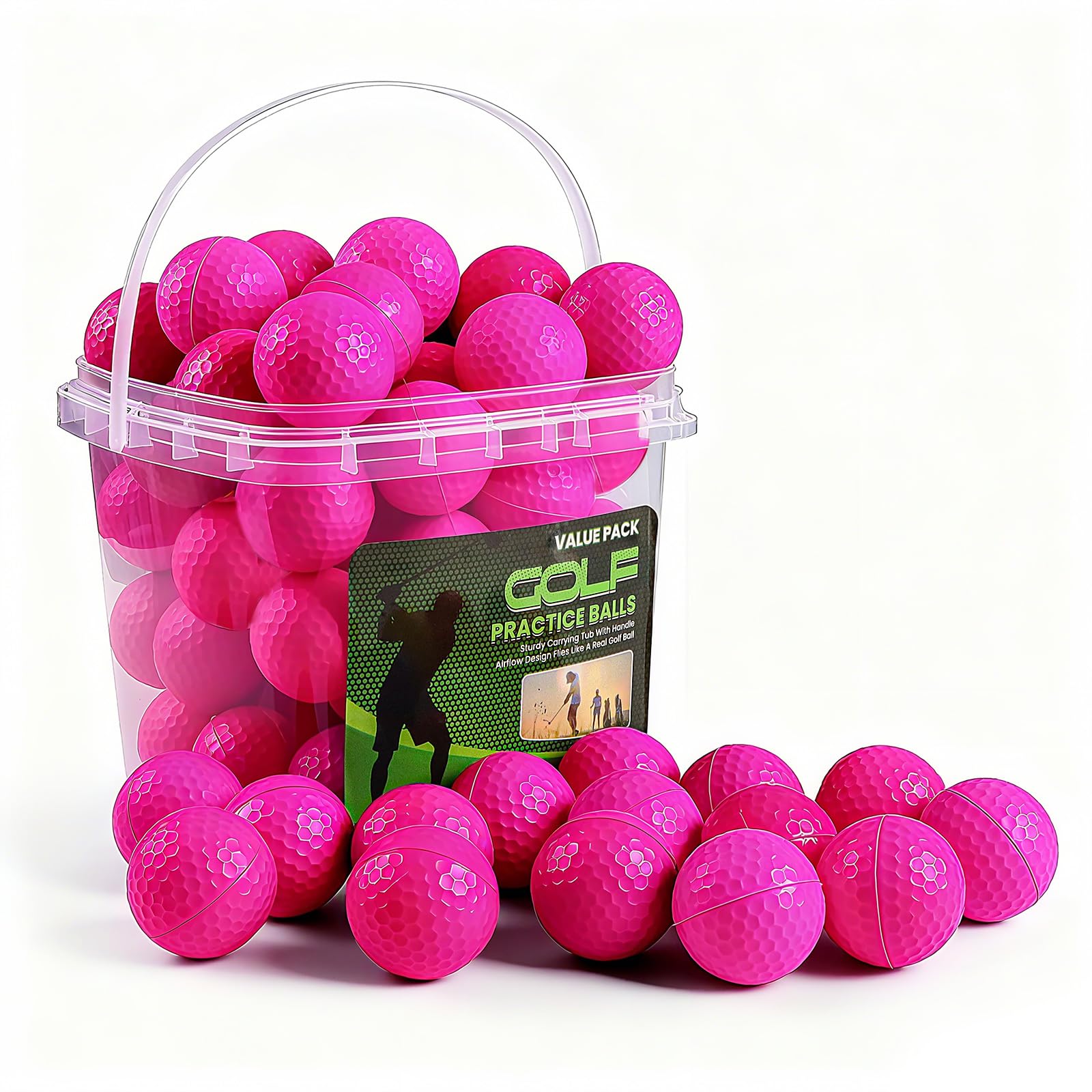 Golf Practice Balls Foam Colored Value 50 Pack with Bucket, Golf Ball Lightweight Limited Flight for Men Women Driving Range Backyard Training (Pink)