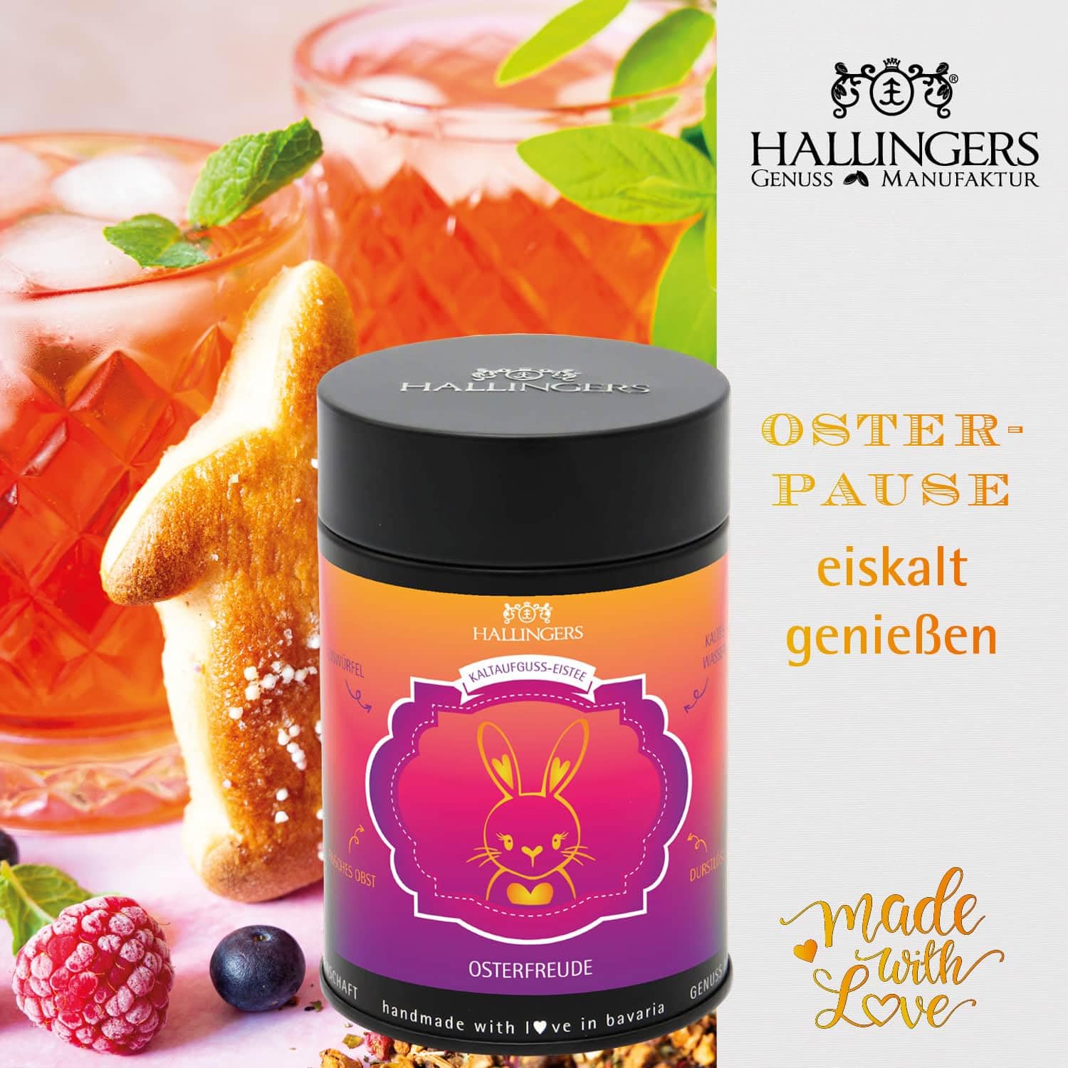 Hallingers Genuss Manufaktur Feinkost Oster-Geschenk-Set - XXL-Geschenkkorb "Gruß vom Osterh..." großer Ostergruß Ostereier, Essig, Nougat, Eistee Konfitüre & viel mehr, Ostern Körbchen für Frauen