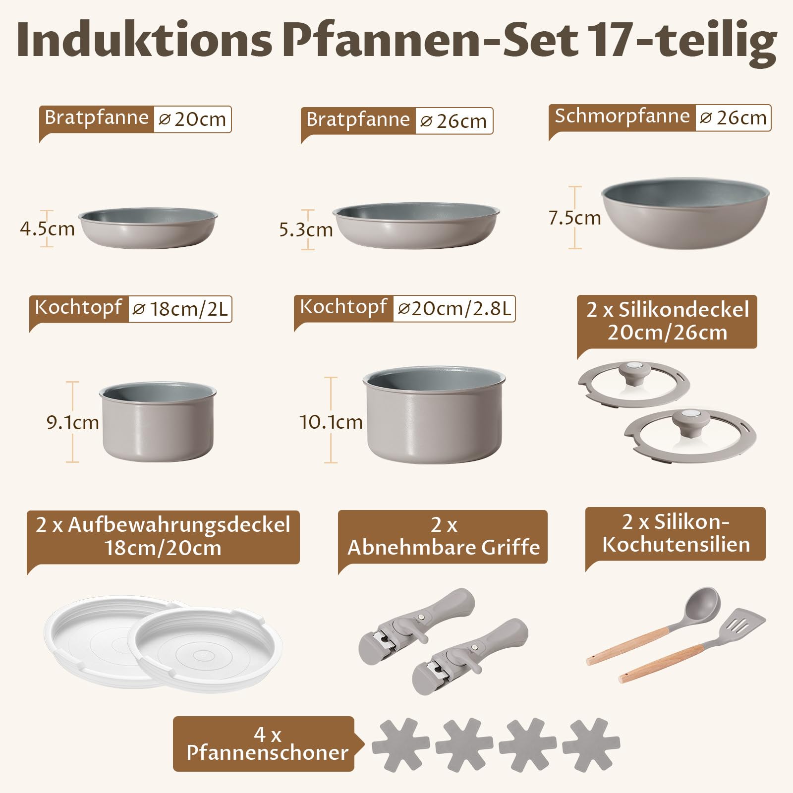 BEZIA Töpfe & Pfannen Set mit abnehmbarem Griff, 17-tlg. Keramik Topfset | Platzsparendes stapelbares Topf- & Pfannenset Induktion, Backofengeeignet Kochgeschirr-Set für Wohnmobil & kleine Küche