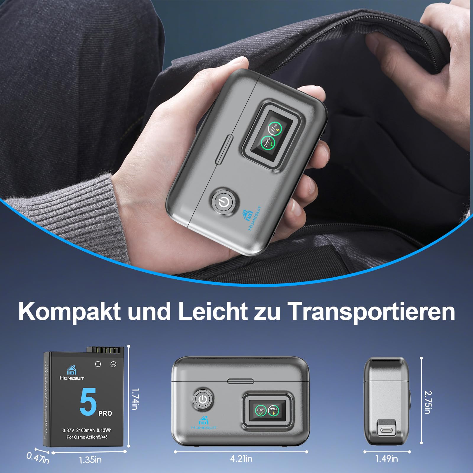 Homesuit Osmo Action 6 5 Pro 4 3 Akku 2100mAh und 18W Dual USB LCD Ladegerät Kit für DJI OsmoAction6 / OsmoAction5Pro / OsmoAction4 / OsmoAction3 (2er-Pack)