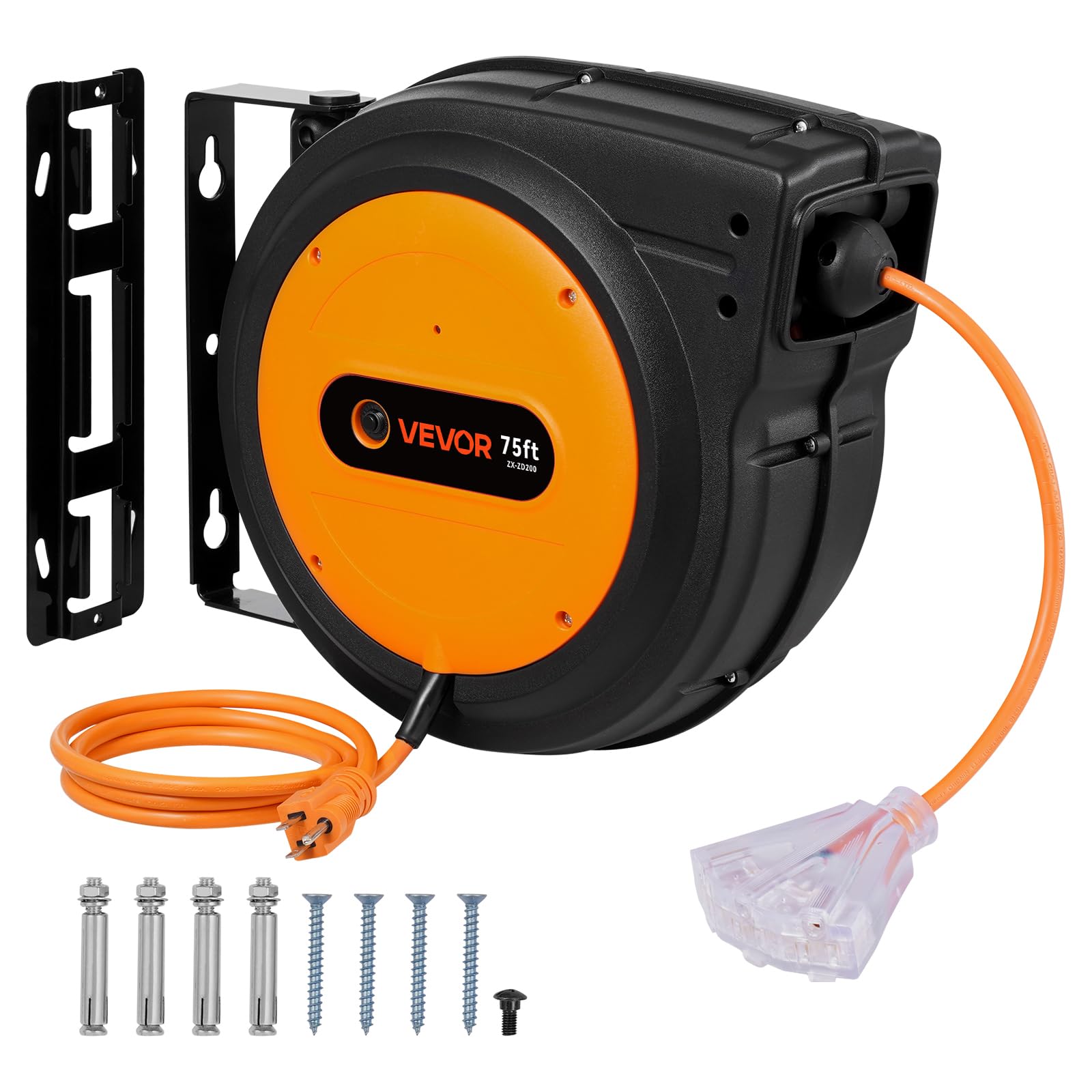 VEVOR Retractable Extension Cord Reel, 75 FT, Heavy Duty 14AWG/3C SJTOW Retractable Power Cord with Lighted Triple Tap Outlet, 13 Amp Circuit Breaker 180° Swivel Bracket for Ceiling or Wall Mount
