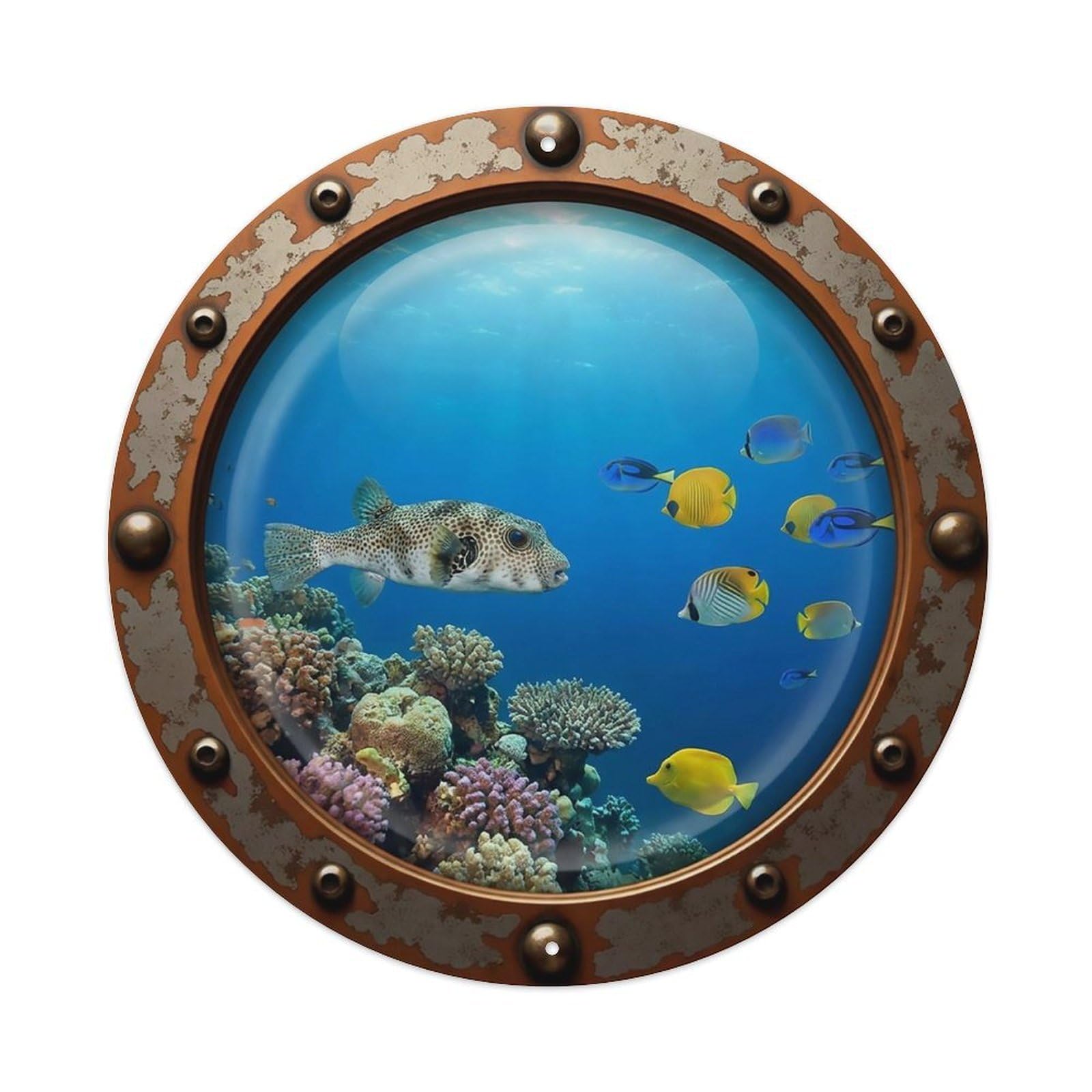 Vintage Porthole Pufferfish Nautical Window View Metal Tin Sign