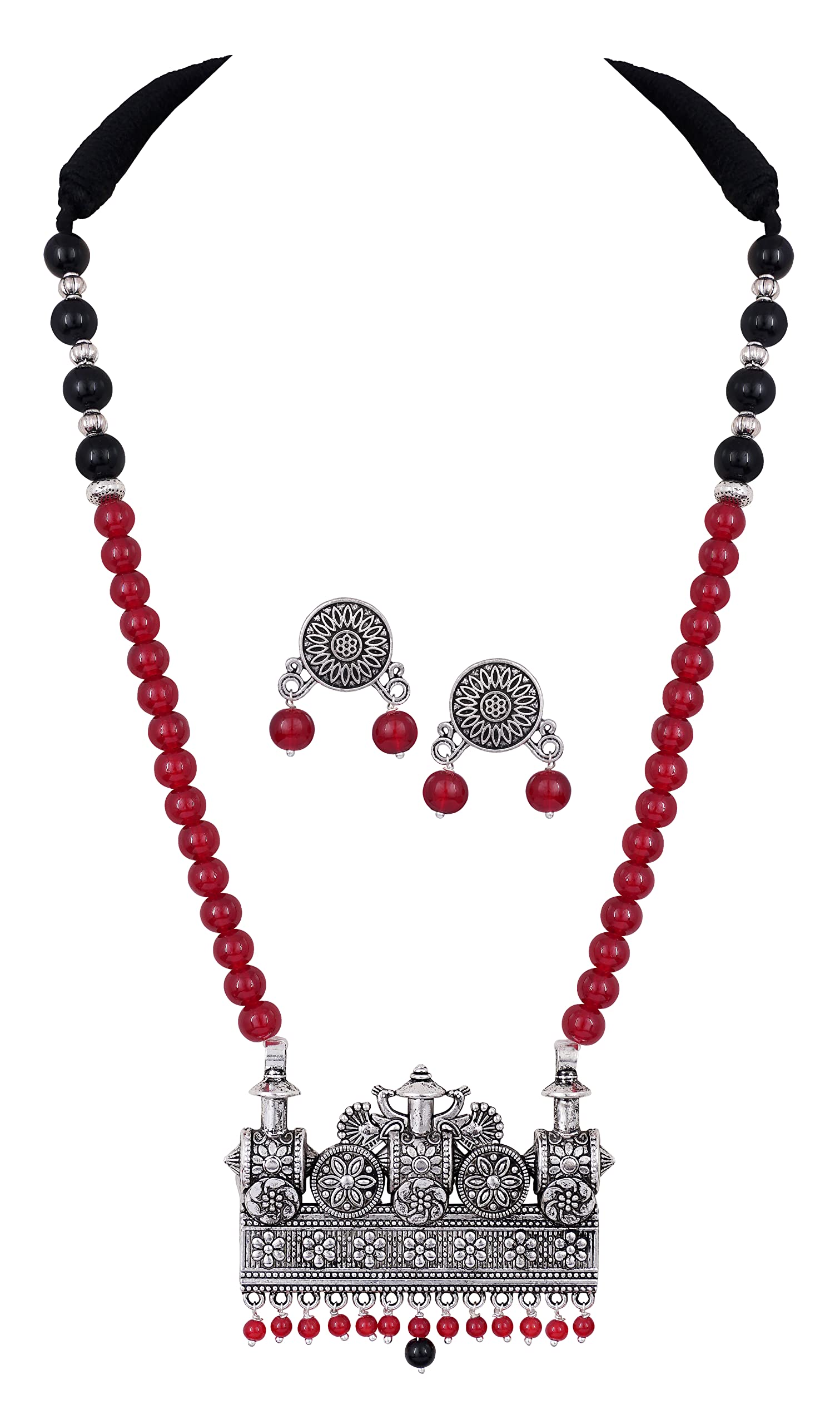 JFL - Jewellery for Less Latest Silver Plated Oxidised Metal Textured Peacock Floral Pendent Black & Red Beaded Necklace Set with Adjustable Thread Women and Girls (B0BNTRFWKX) Amazon Price History, Amazon Price Tracker
