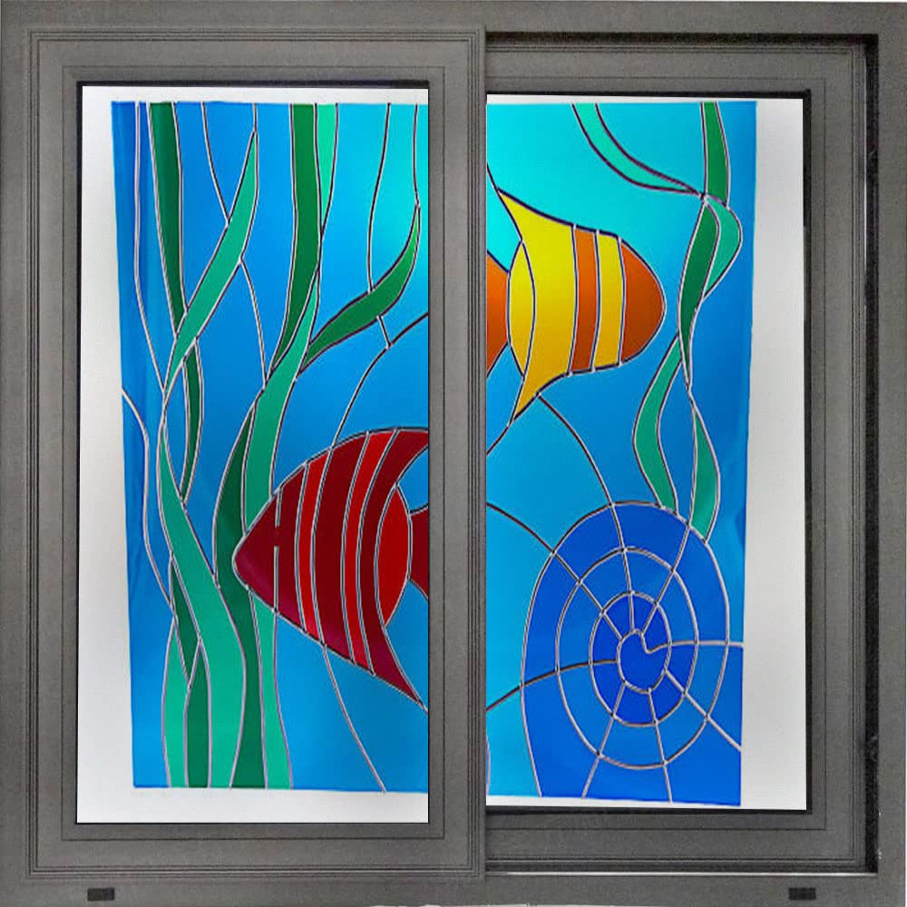 Amazon｜ステンドグラスフィルム 海藻と小さな魚 ステンドグラス写真  