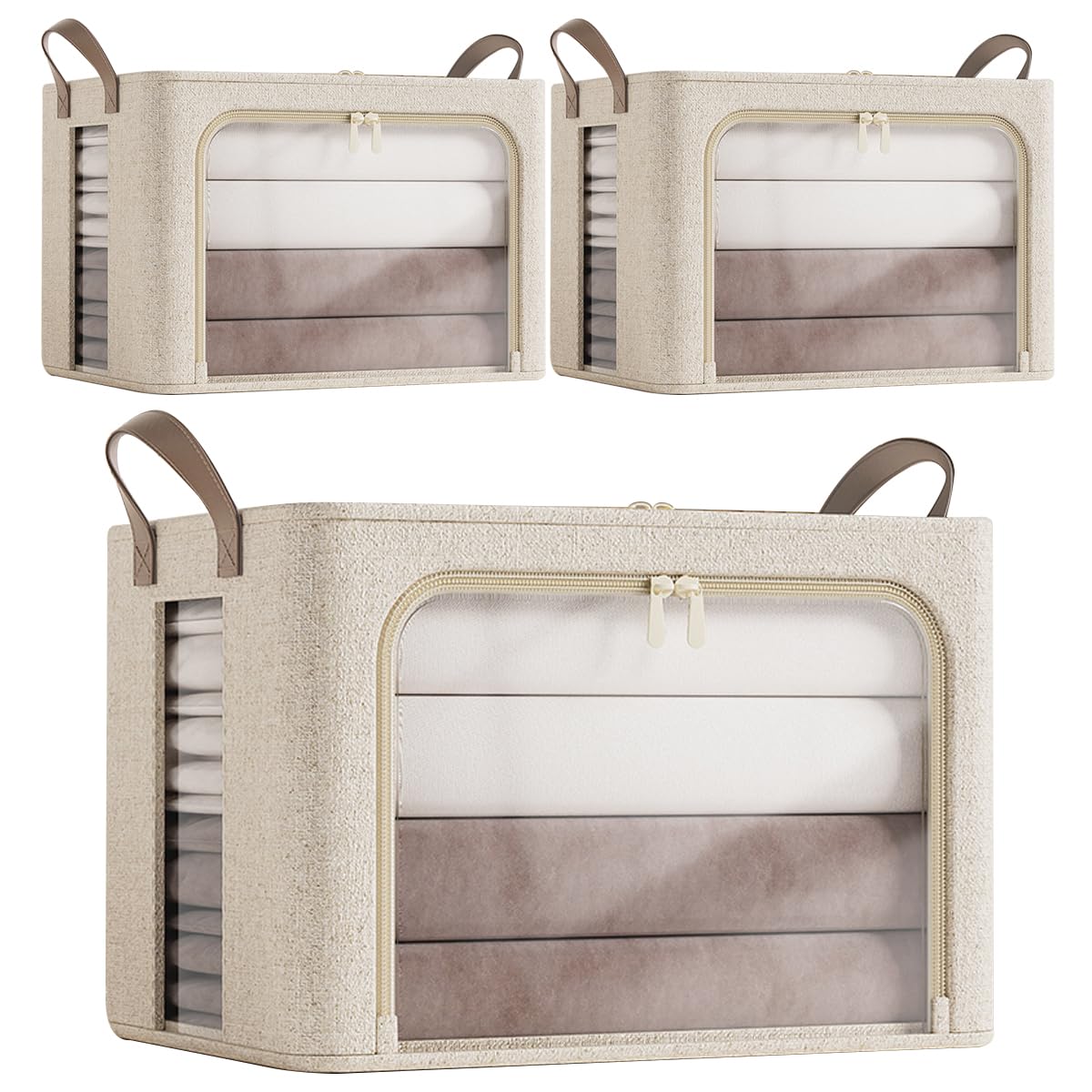 Ftyebdnc Beige 3 Fabric Boxes Storage Bins, Large Dual Viewing Windows Foldable Organiser/Beige/L50 X W40 X H33 Cm