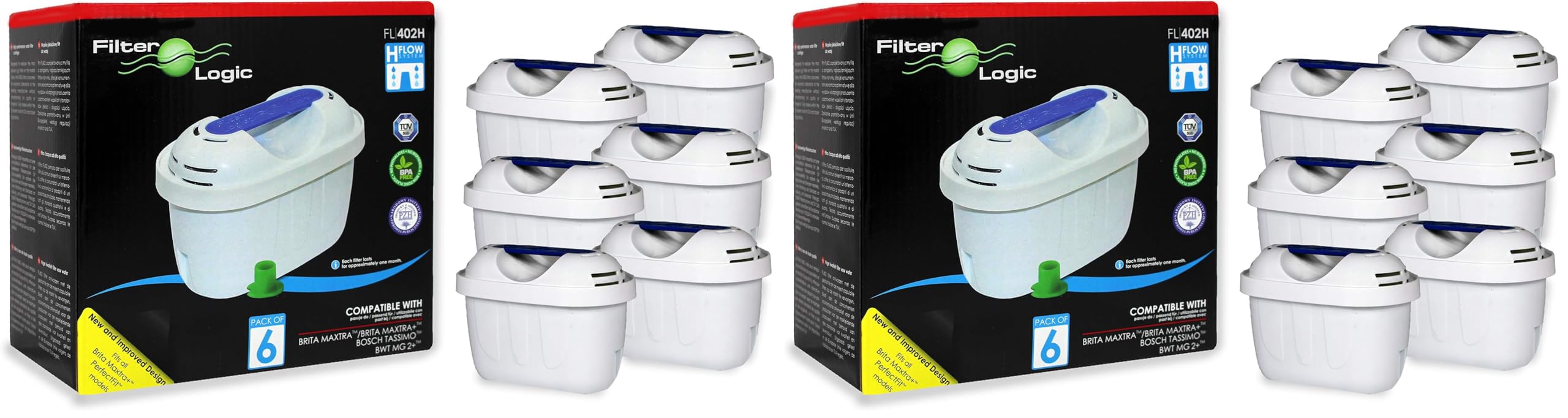 FilterLogic FL402H | 12er Pack Wasserfilter kompatibel mit Brita Maxtra+ Plus Filterkartuschen für Marella Style Flow Aluna Elemaris XL cool & TASSIMO