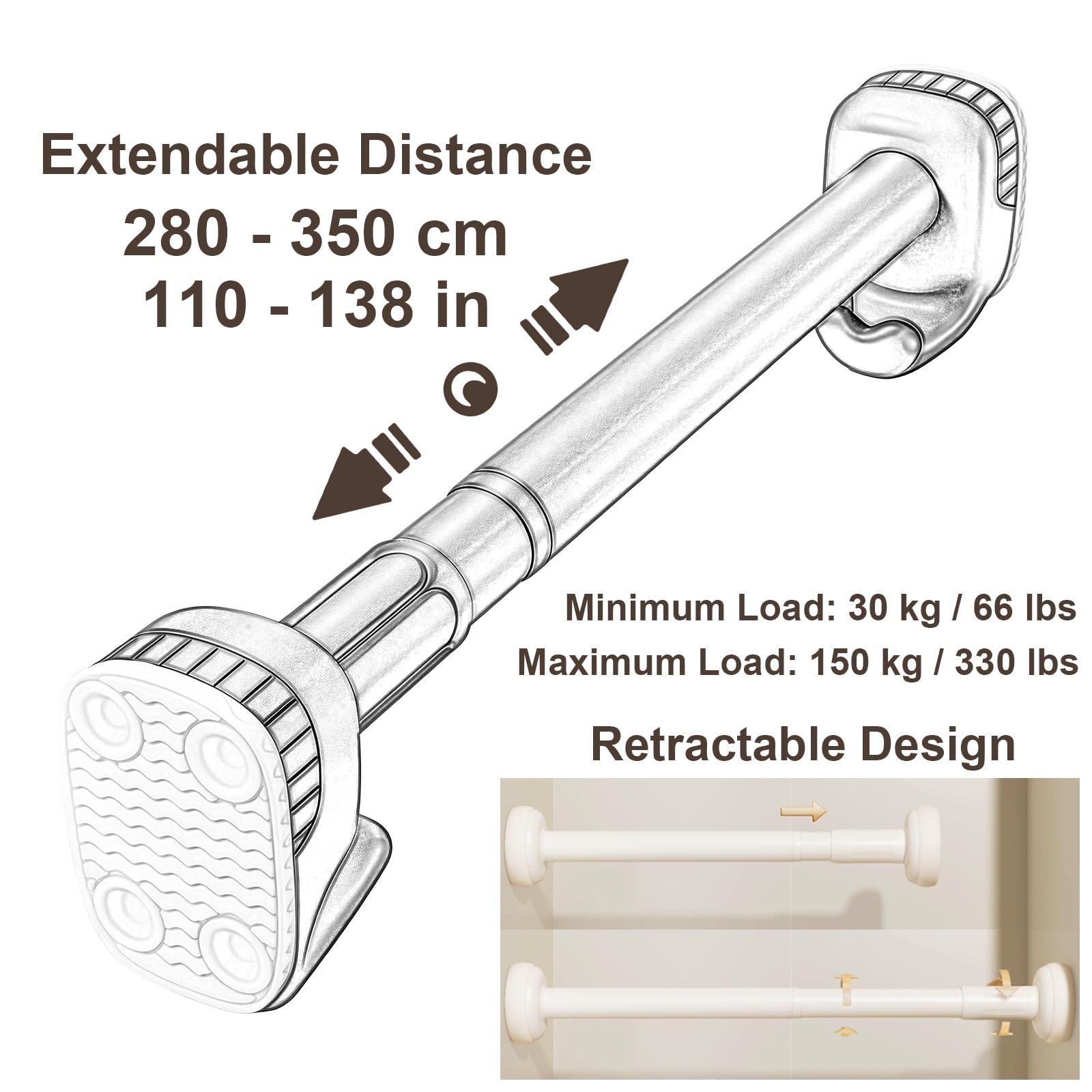 Barra Extensible Cortina Ajustable de 35 a 490 cm, Barra de Cortina Extensible Barras de Cortina Sin Taladrar con Soportes de Pared para Armarios y Lavaderos(Gray,280-350cm/110-138in)