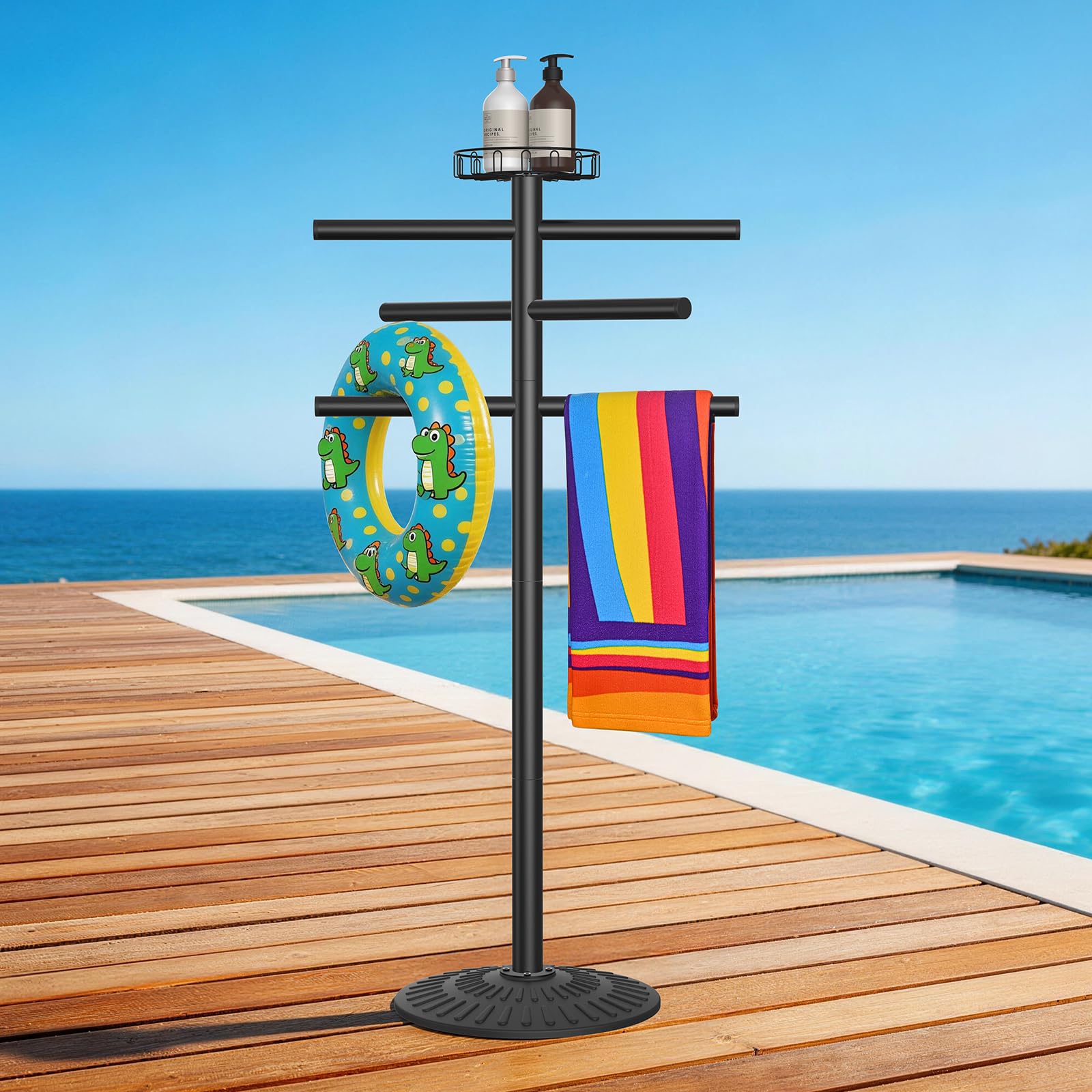 Photo 1 of **MISSING BOTTOM POST** 59" Pool Towel Rack Outdoor, Heavy Duty Outdoor Towel Rack, Hot Tub Towel Rack with Tray, 6 Arms Freestanding Swimming Pool Towel Holder with Metal Base for Pool, Backyard, Swimsuits, Drying Towels