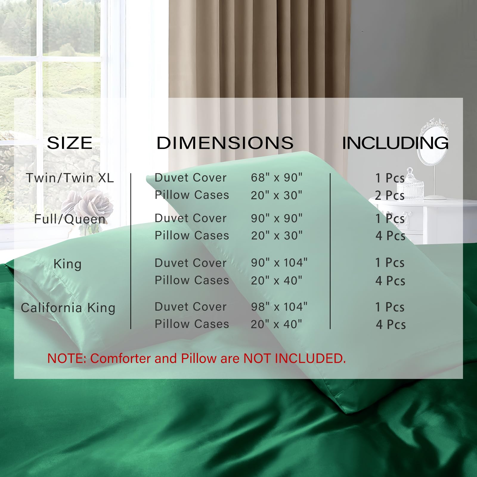Pothuiny 5 Piece Satin Duvet Cover Set, Luxury Silky Emerald Green Duvet + Pillow Cases, Full/Queen Size, Zipper Closure - Image 2