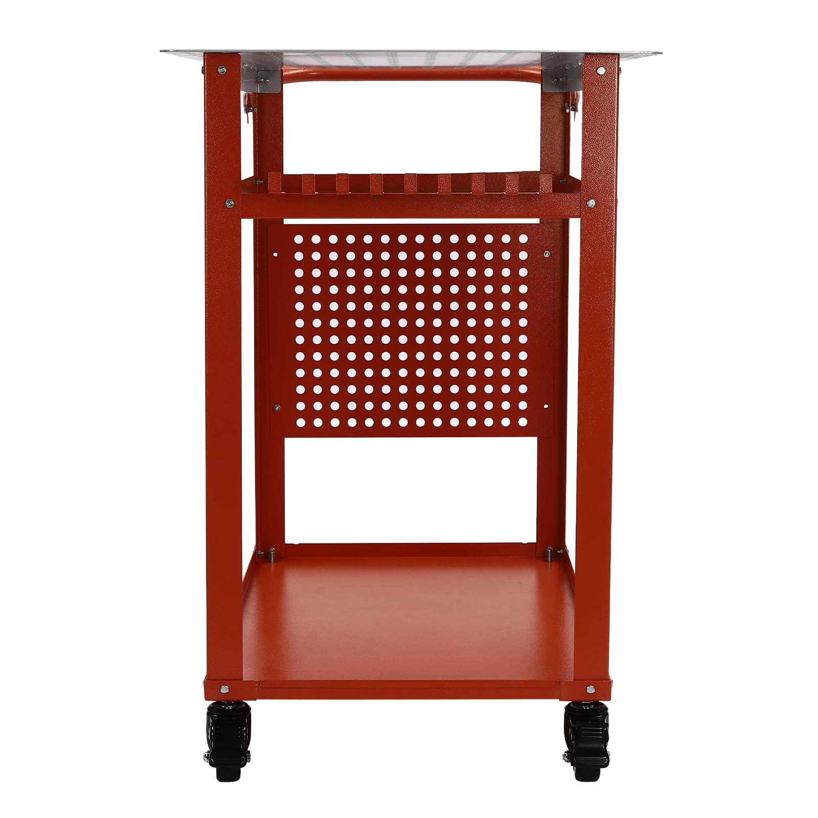 Mesa de soldadura, 272 kg/600 libras, banco de trabajo de acero con ruedas, banco de trabajo portátil con doble estante y estante de 9 ganchos, 91,44 x 61 x 91,44 cm, color rojo