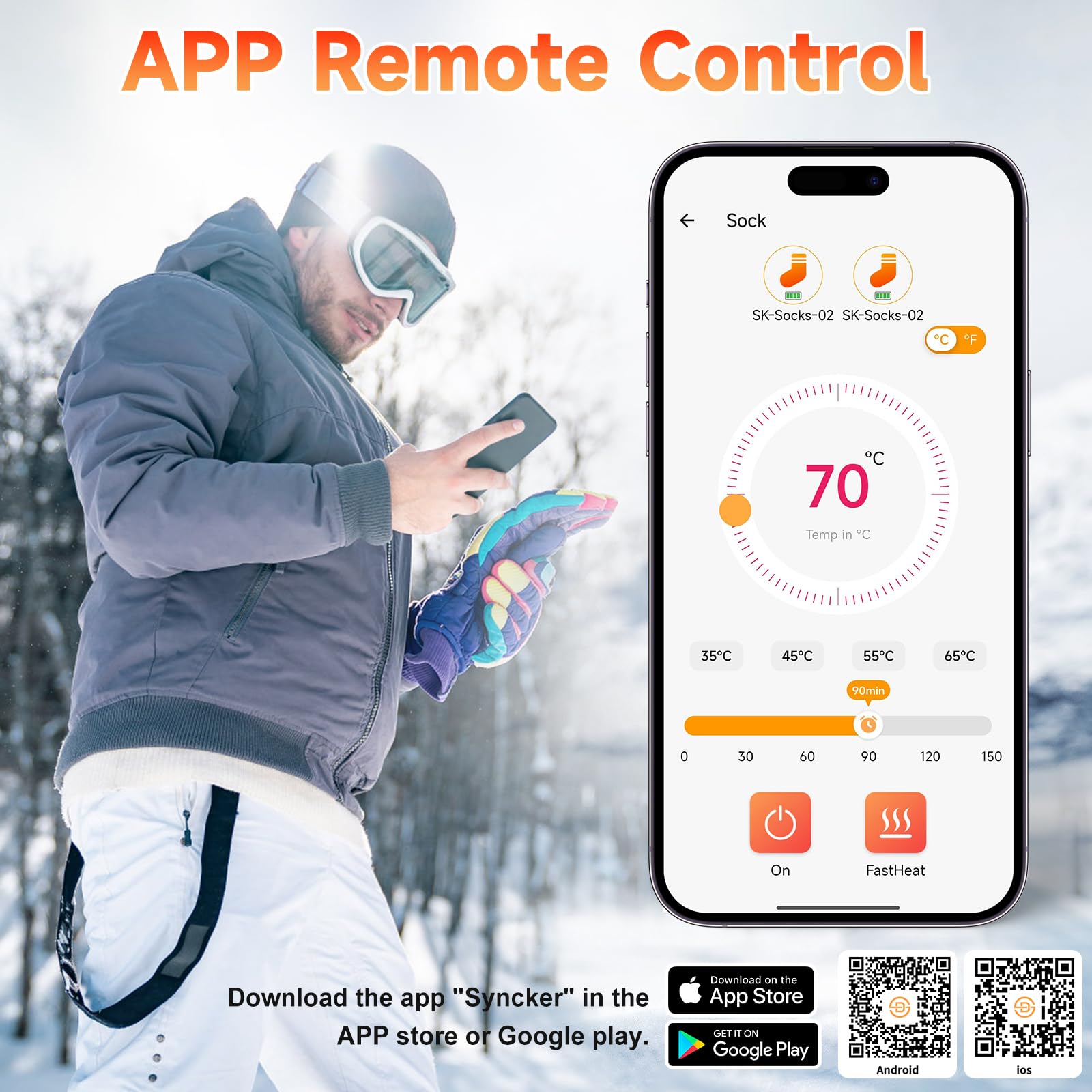 Calzini riscaldabili con controllo APP, 5 V, 8000 mAh, calzini caldi da donna e uomo, lavabili a 4 temperature, ricaricabili, per sci, ciclismo, pesca, campeggio, escursionismo (EU35-48)