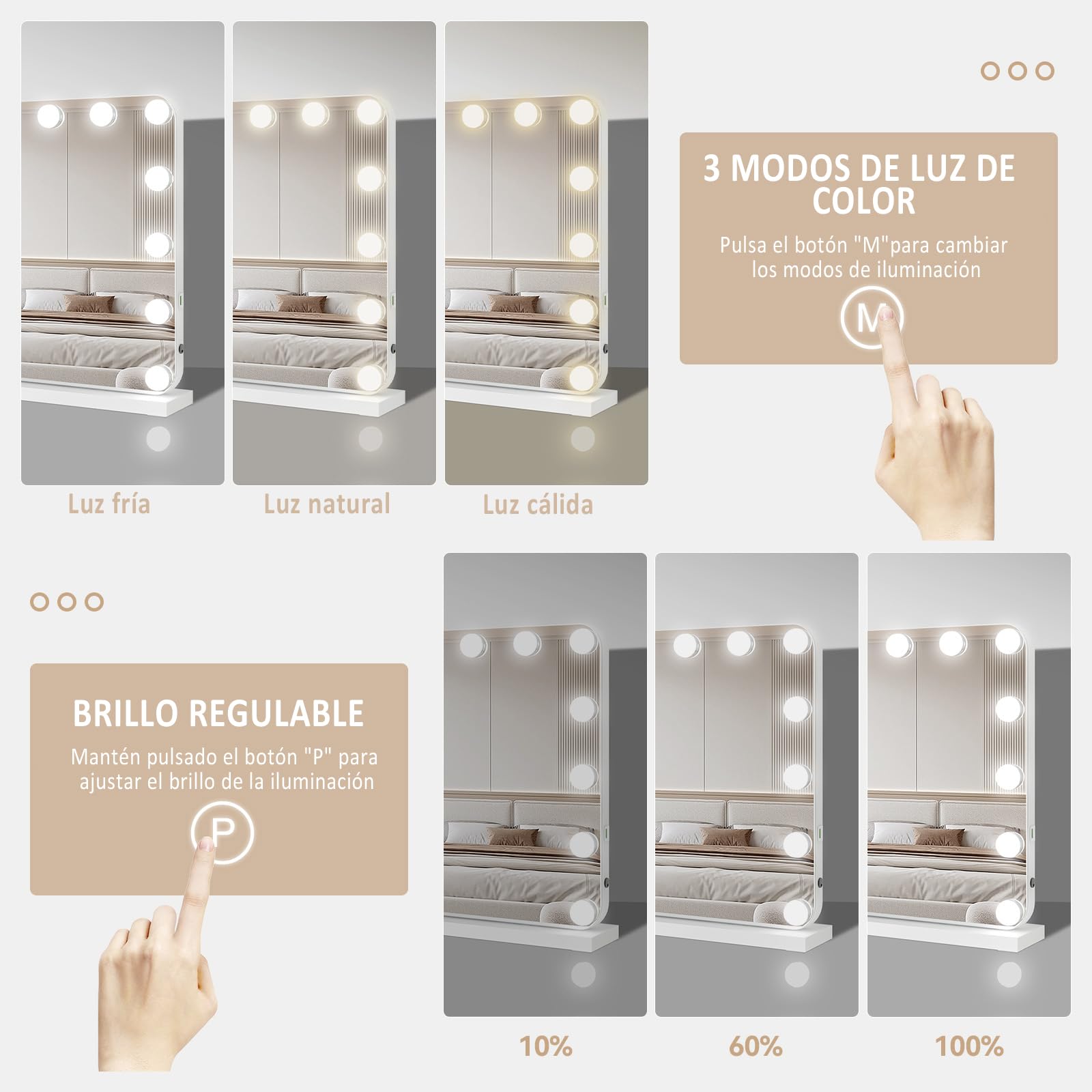 YU YUSING Hollywood Espejo Maquillaje con Luz 15 LED, 58x45 cm, 3 Modos Iluminación Regulables, Espejo Tocador, Controles Táctiles, USB, 10x, Espejos de Mesa Tocador Dormitorio, Esquinas Redondas