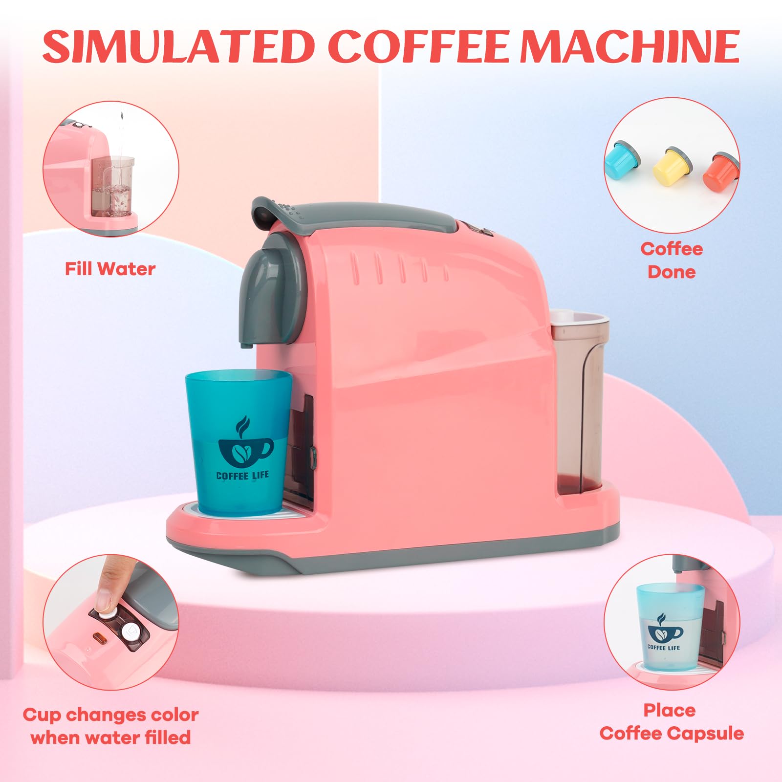 Spielzeug Kasse & Kaffeemaschine Kinder,Kaufladen Zubehör/Küchenzubehör Set,Kindergeschirr Spielküche,Kaffeemaschine Spielzeug,Küchenspielzeug Kaffeeservice für Mädchen und Jungen ab 3 Jahre (Rosa)