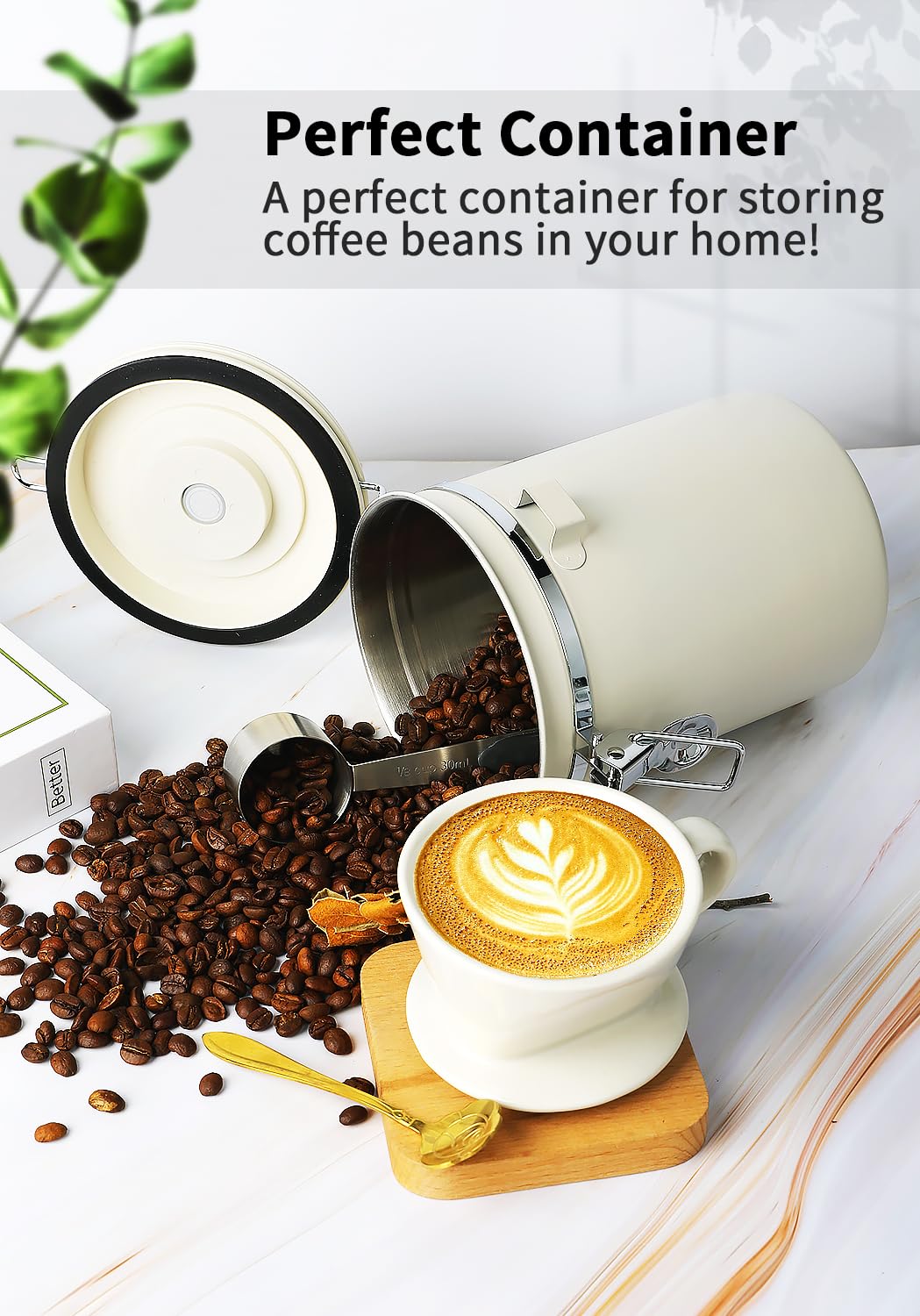 Recipiente de café con tapa hermética, 623.7 g, 1,774.4 ml crema, recipiente hermético de acero inoxidable con rastreador de fecha y cuchara, tarro de almacenamiento de alimentos para café